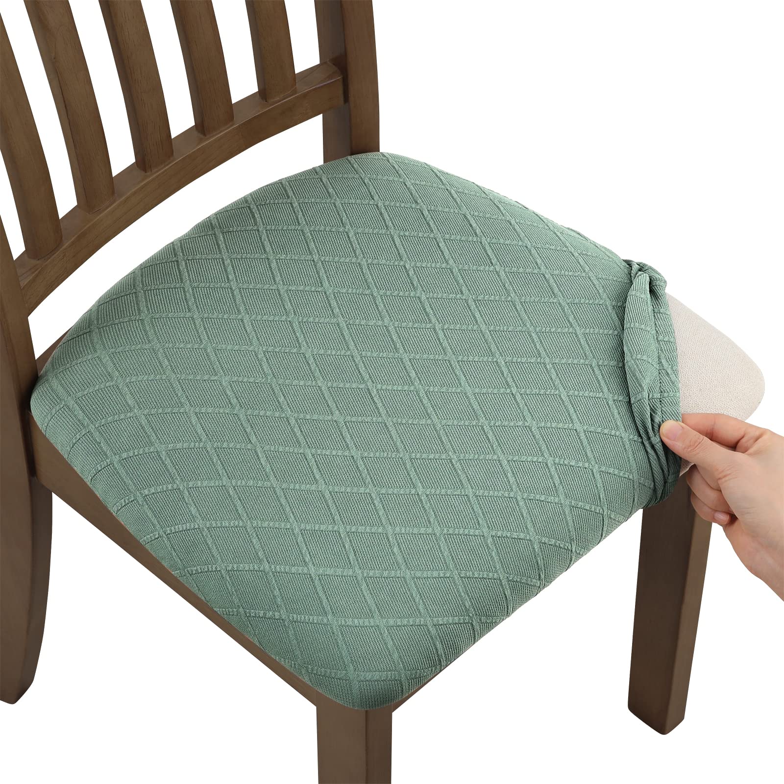 Fuloon 6 Pack Stretch Jacquard Chair Seat Covers, Removable Washable Anti-Dust Dinning Room Chair Seat Cushion Slipcovers (6, Dark Green)