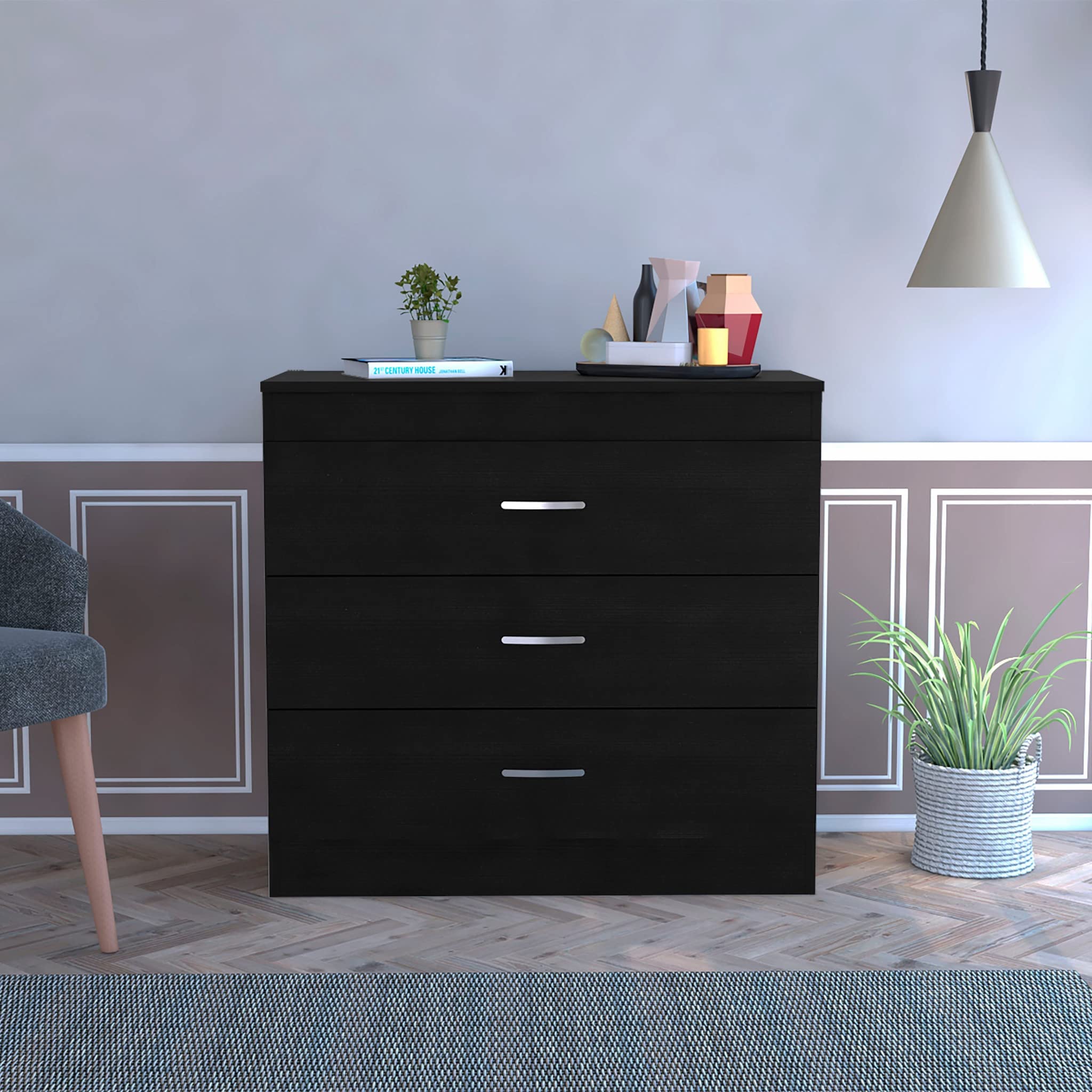 HomeRoots Particle Board 29' Black Three Drawer Dresser