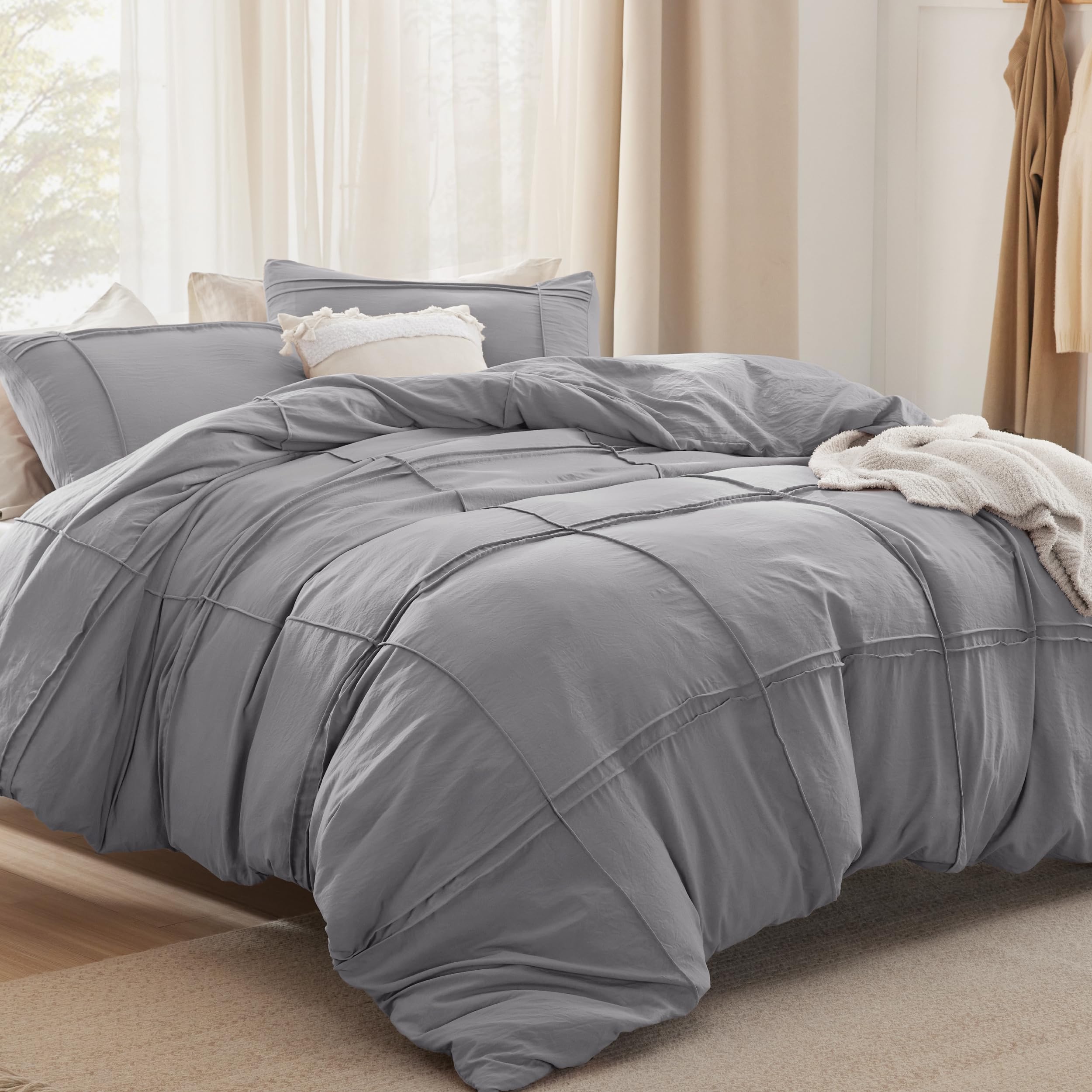 Bedsure Grid Tufted Duvet Cover Queen - Shabby Chic Duvet Cover, 3-Piece Queen Size Boho Bedding, Includes 1 All-Season Duvet Cover & 2 Pillowcases (Grey, Queen, 90'X90')