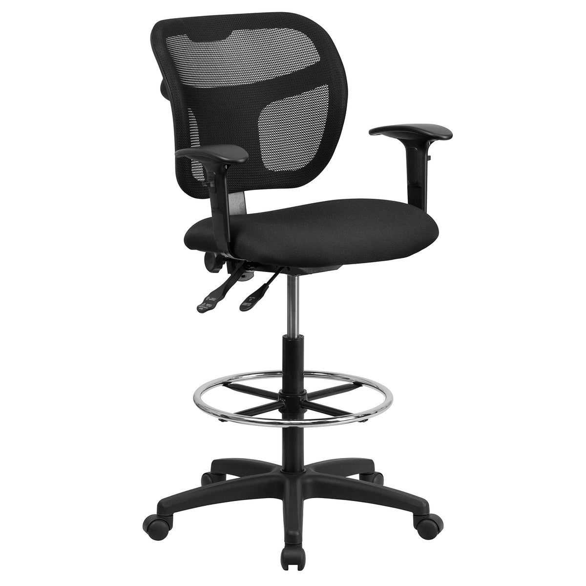 Flash Furniture Regina Mid-Back Black Mesh Drafting Chair With Back Height Adjustment And Adjustable Arms