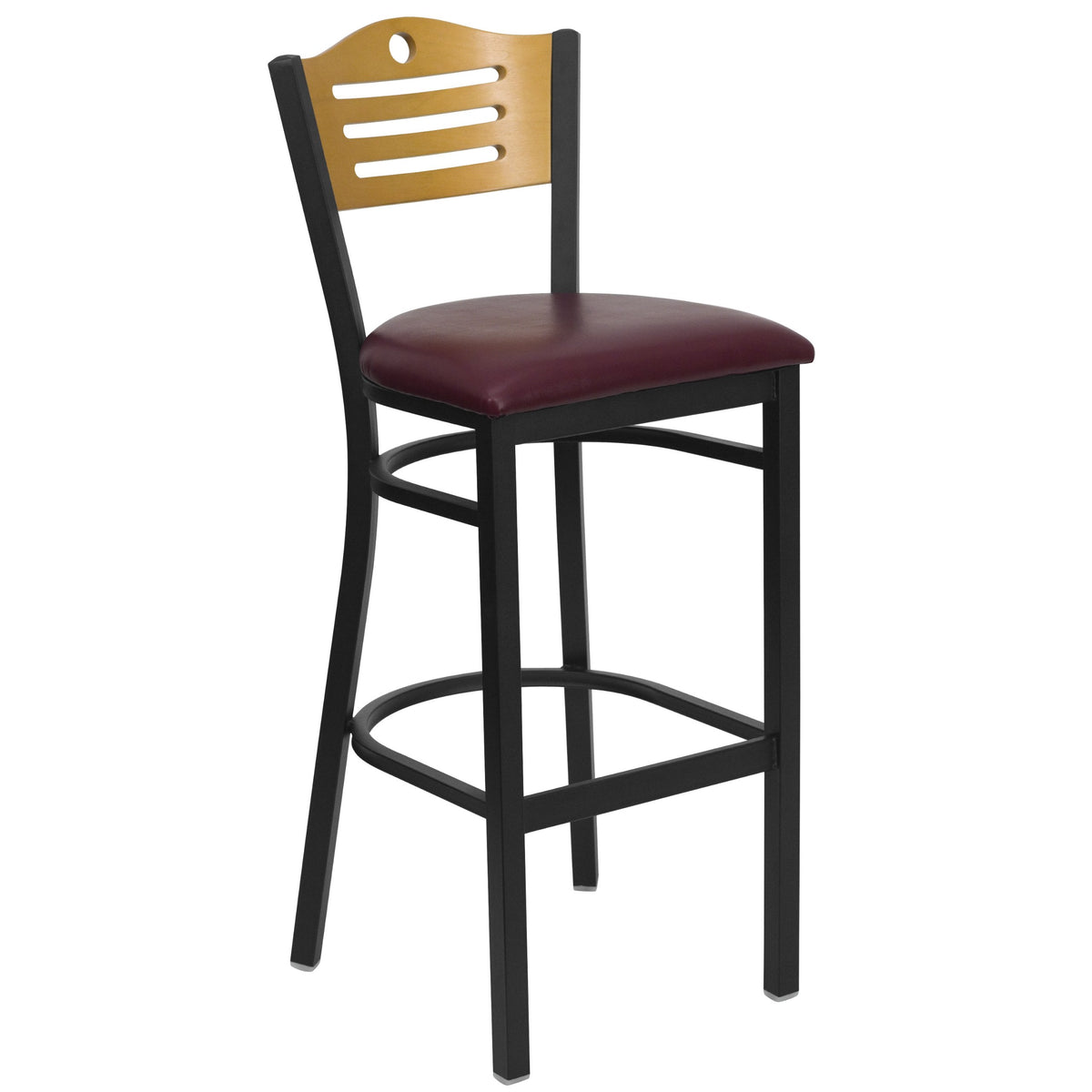 Flash Furniture Hercules Series Black Slat Back Metal Restaurant Barstool - Natural Wood Back, Burgundy Vinyl Seat