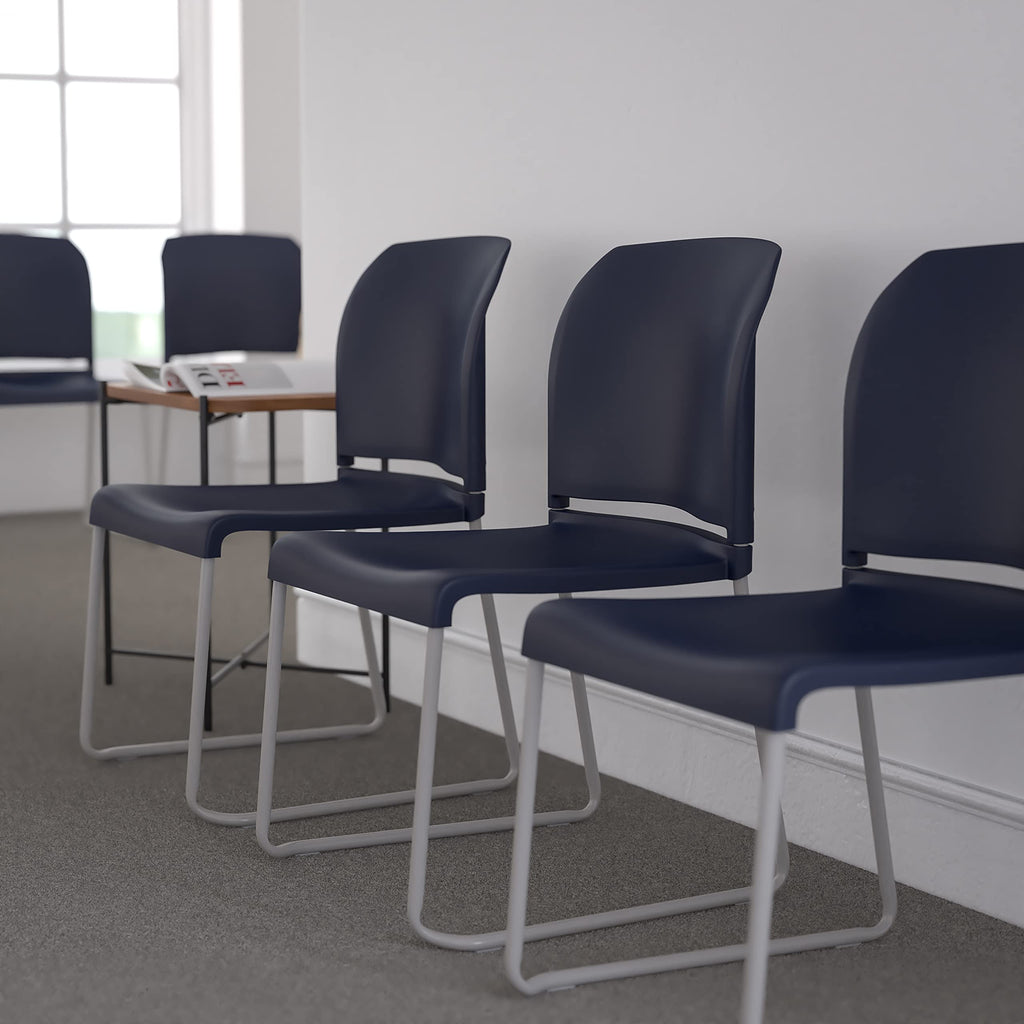Flash Furniture Hercules Series 880 Lb. Capacity Navy Full Back Contoured Stack Chair With Gray Powder Coated Sled Base