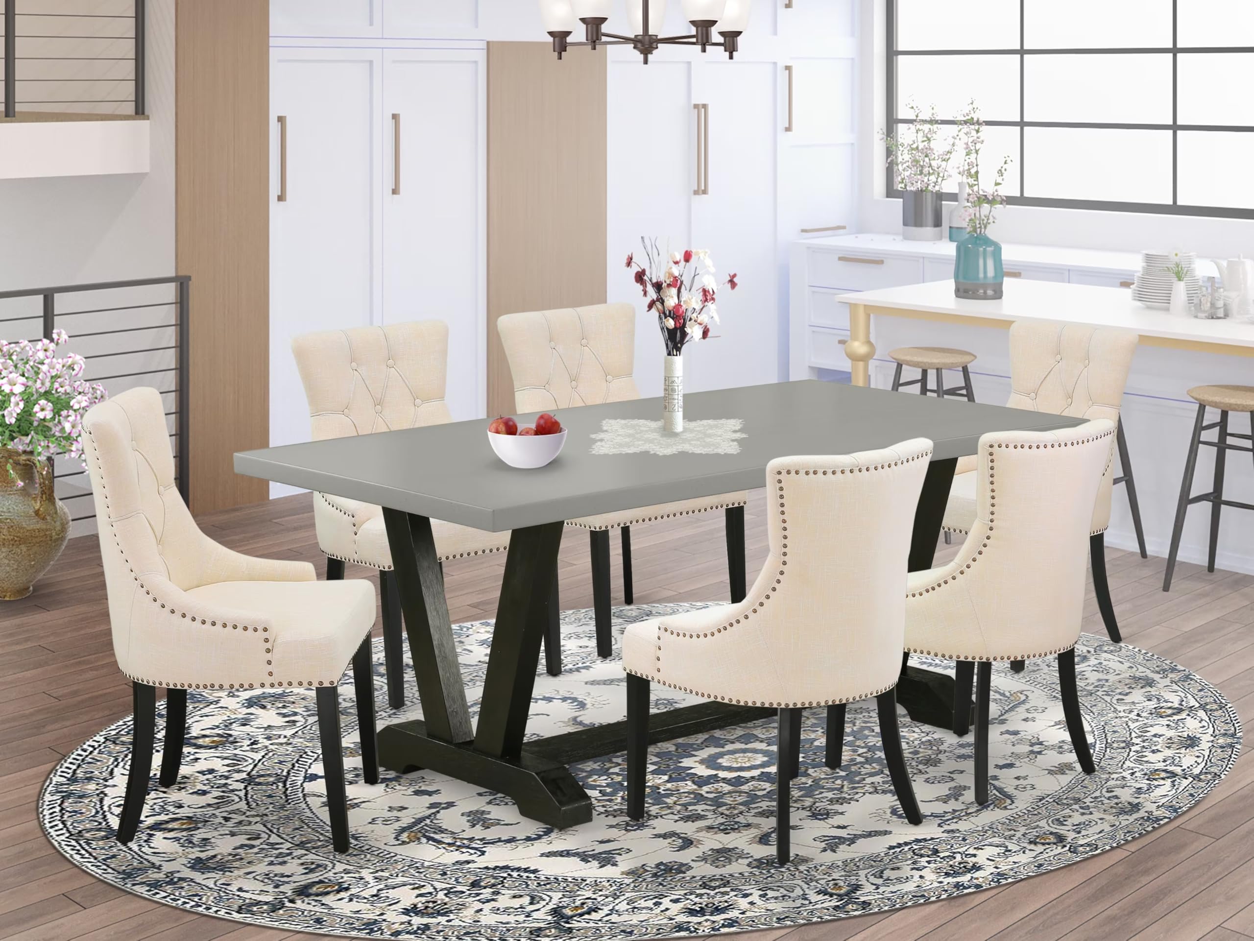 East West Furniture V697Fr102-7 7 Piece Dining Table Set Consist Of A Rectangle Dining Room Table With V-Legs And 6 Light Beige Linen Fabric Parsons Chairs, 40X72 Inch, Multi-Color