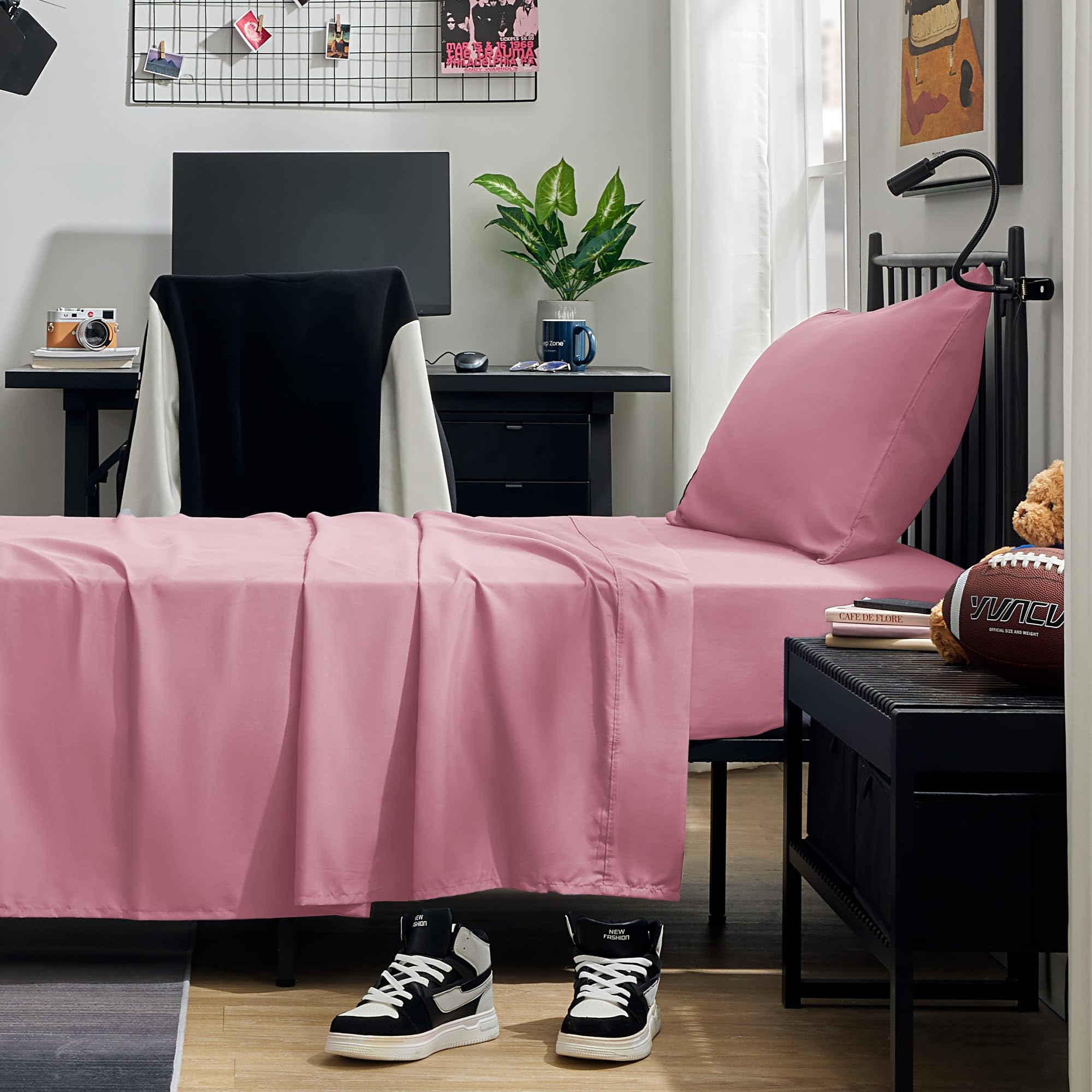 Sleep Zone Nanotex Super Soft Cooling Twin Bed Sheets Set For Kids 3 Piece - Easy Care Fitted Flat Sheet & Pillowcase Sets - Wrinkle Free, Fade Resistant, Deep Pocket 16' (Ballet Pink, Twin)