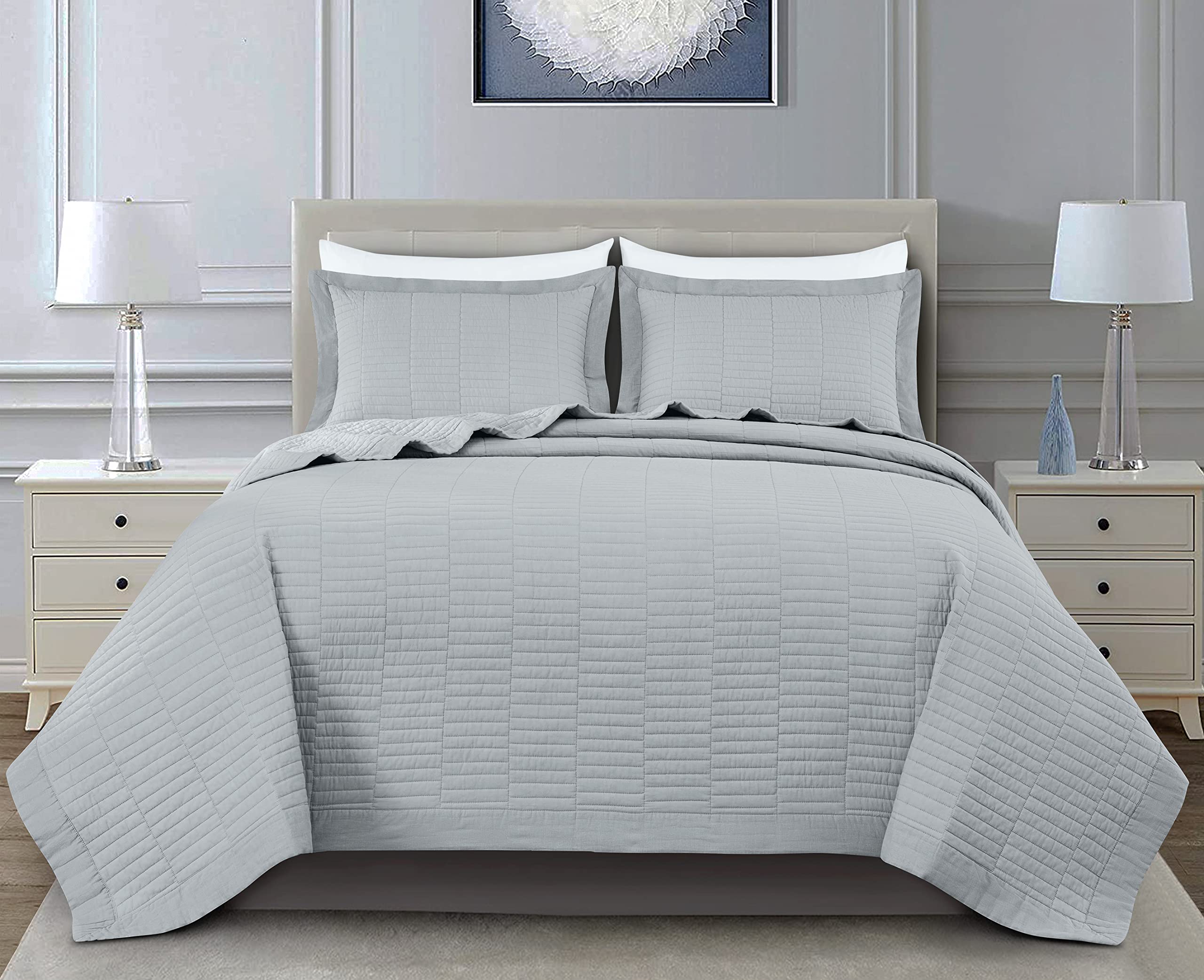 Chezmoi Collection Yuma 3-Piece 100% Cotton Quilt Set King Size, Light Gray - Modern Geometric Rectangle Box Quilted Lightweight