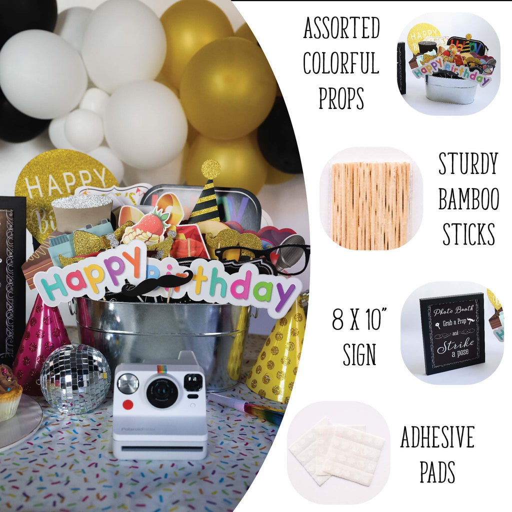 Birthday Photo Booth Props - 41-Pc Photo Prop Kit With 8 X 10-Inch Sign, 60 Adhesive Pads, 45 Sticks - Birthday Photo Props - Bi