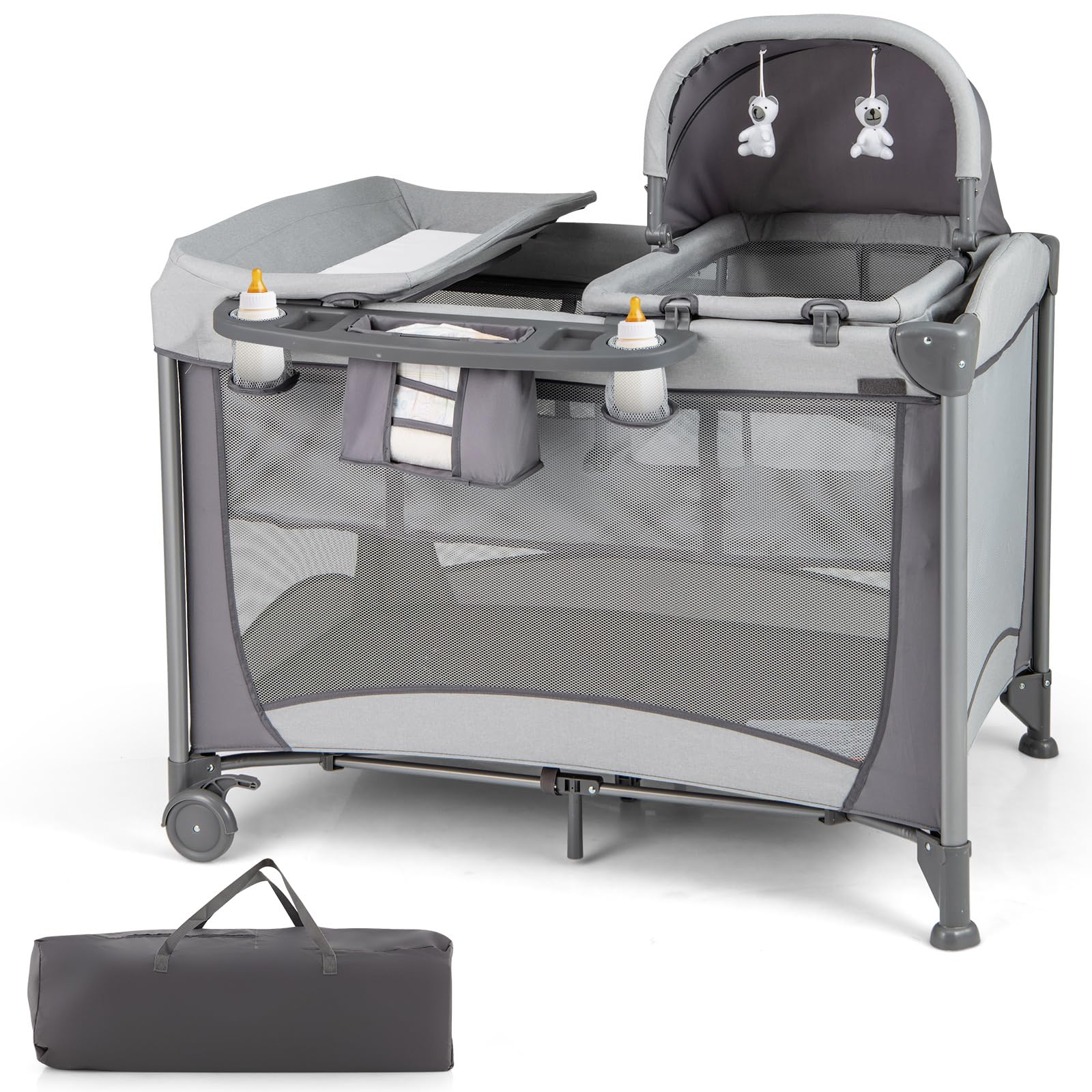 HONEY JOY Pack and Play with Bassinet, 4-in-1 Baby Playard with Changing Table & Removable Infant Full-Size Bassinet, Diaper Sto