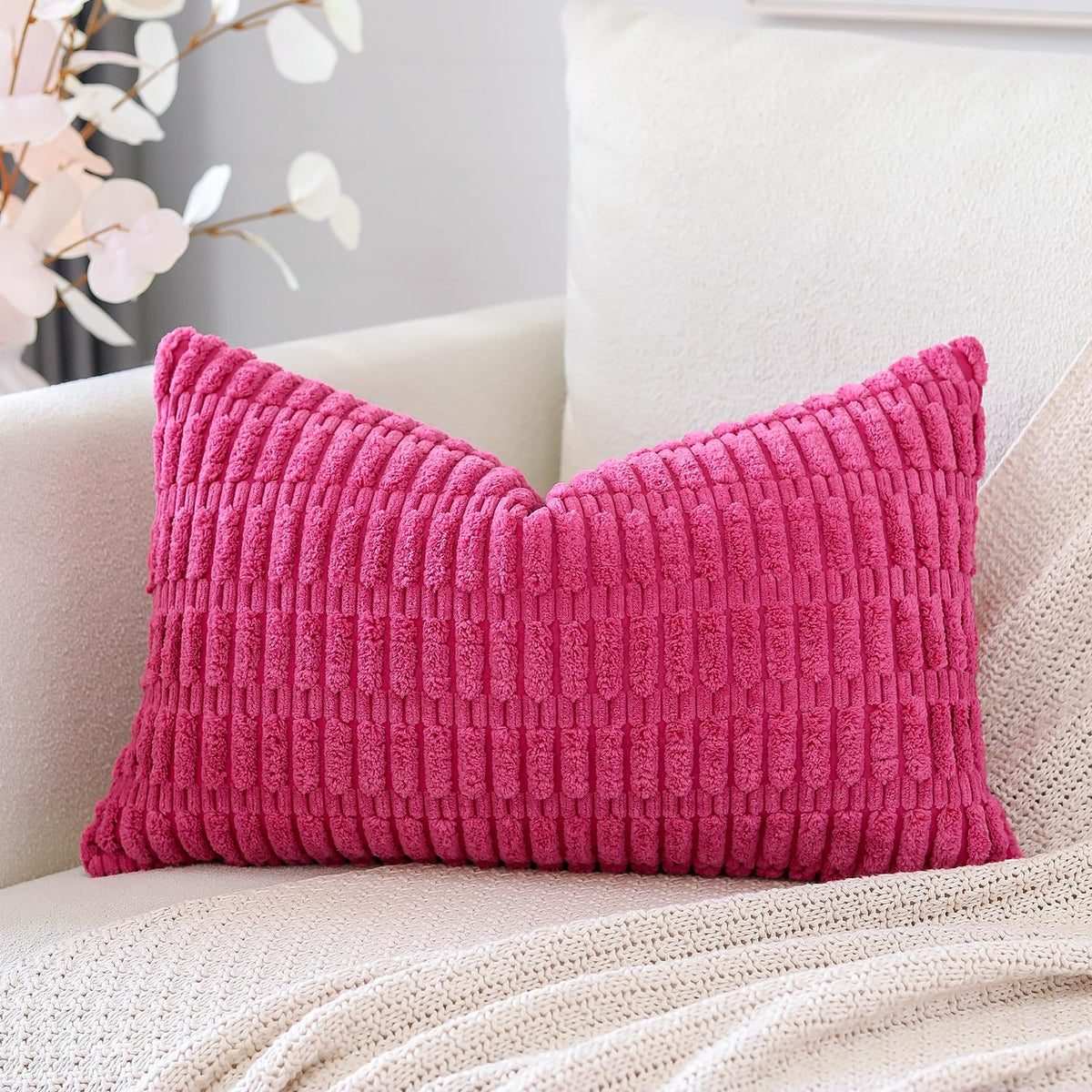 Otostar Corduroy Decorative Throw Pillow Covers 12X20 Inch Super Soft Boho Striped Rectangle Pillow Covers Case Modern Cushion Covers For Sofa Couch Bedroom Car Decor Hot Pink