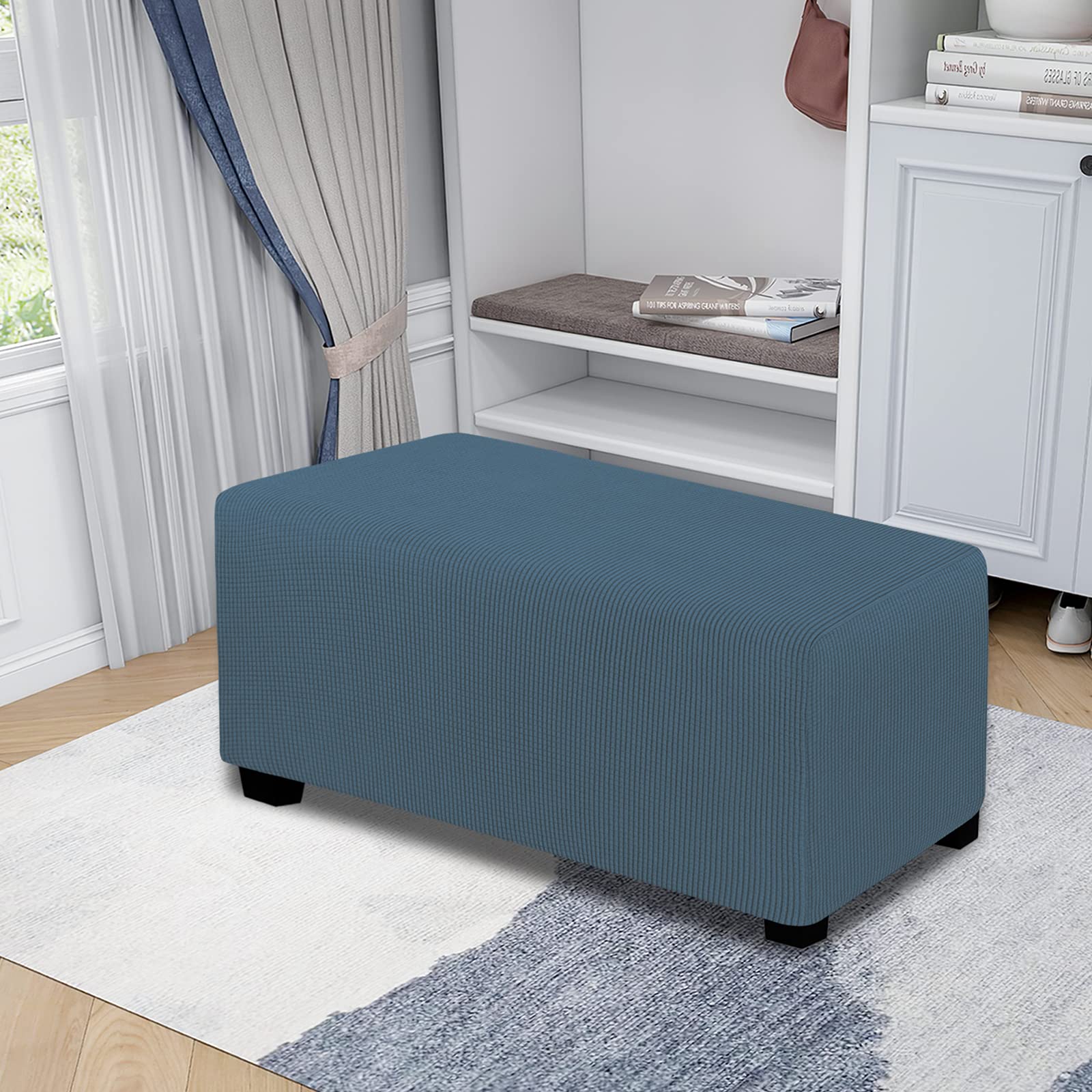 Easy-Going Stretch Ottoman Cover Folding Storage Stool Furniture Protector Soft Rectangle Slipcover With Elastic Bottom (Ottoman Large, Bluestone)