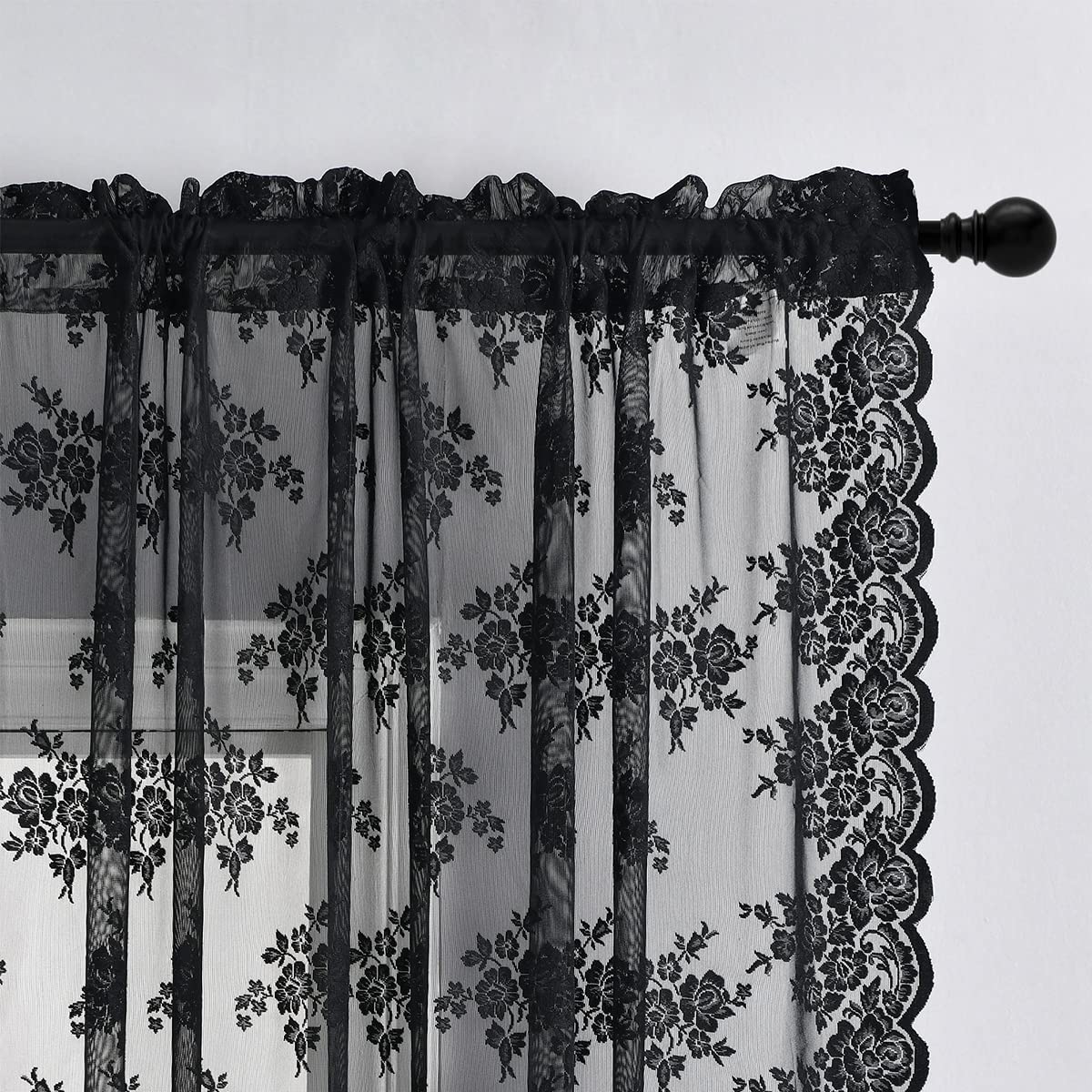 Kotile Black Lace Curtains 80 Inches Long 2 Panels Set, Farmhouse Rustic Floral Gothic Lace Curtains For Living Room, Rod Pocket