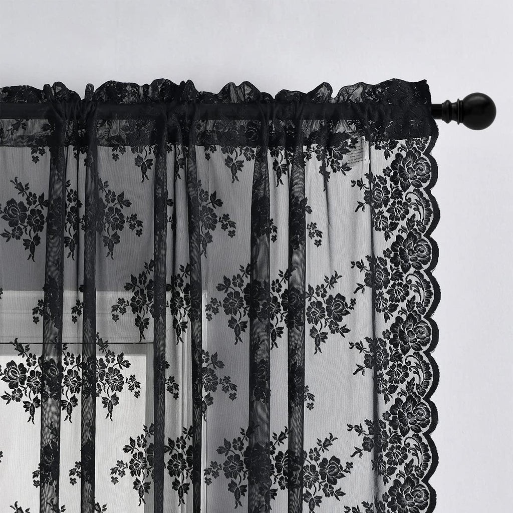 Kotile Black Lace Curtains 90 Inches Long For Living Room, 2 Panels Rustic Floral Vintage Gothic Black Sheer Curtains Halloween