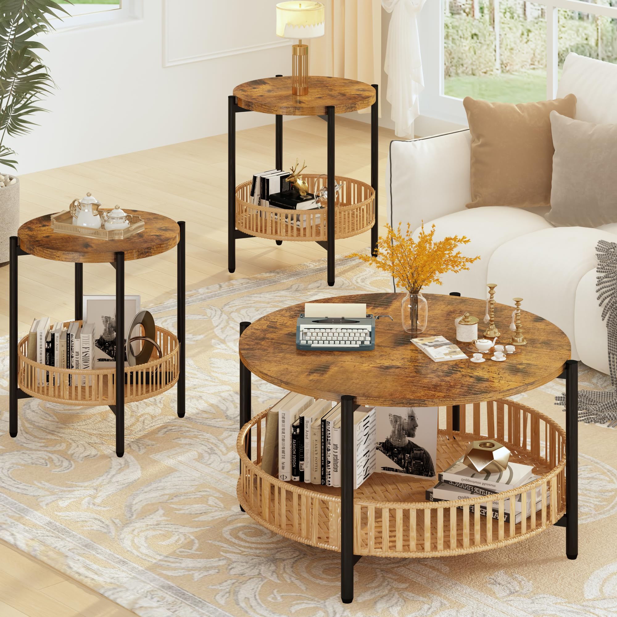 Awqm 3 Pieces Coffee Table Set For Living Room, 2 Tier Round Rattan Coffee End Side Table, Boho Living Room Table Set With Metal Frame For Bedroom Office
