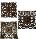 Asiana Home Decor Set of 3 Square Teak Wood Wall Plaques. Floral Wall Art. Rustic Brown. 12  Square