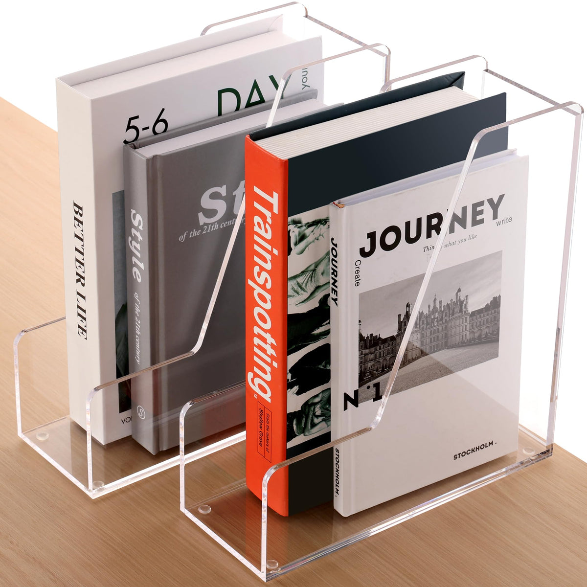 HeZone Magazine Holder, Clear Acrylic Desk Organizers, File Organizer for Desk, Magazine Rack- Desktop Book Storage -Independent