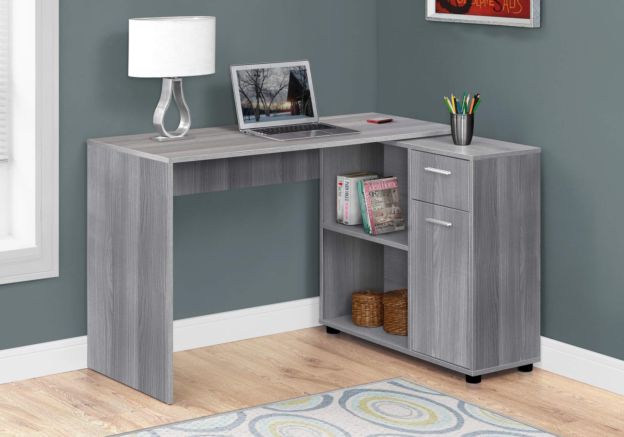 Monarch Specialties Workstation With Storage Shelves And Cabinet For Home & Office-Contemporary Style L Shaped Computer Desk, 46&quot; L, Grey