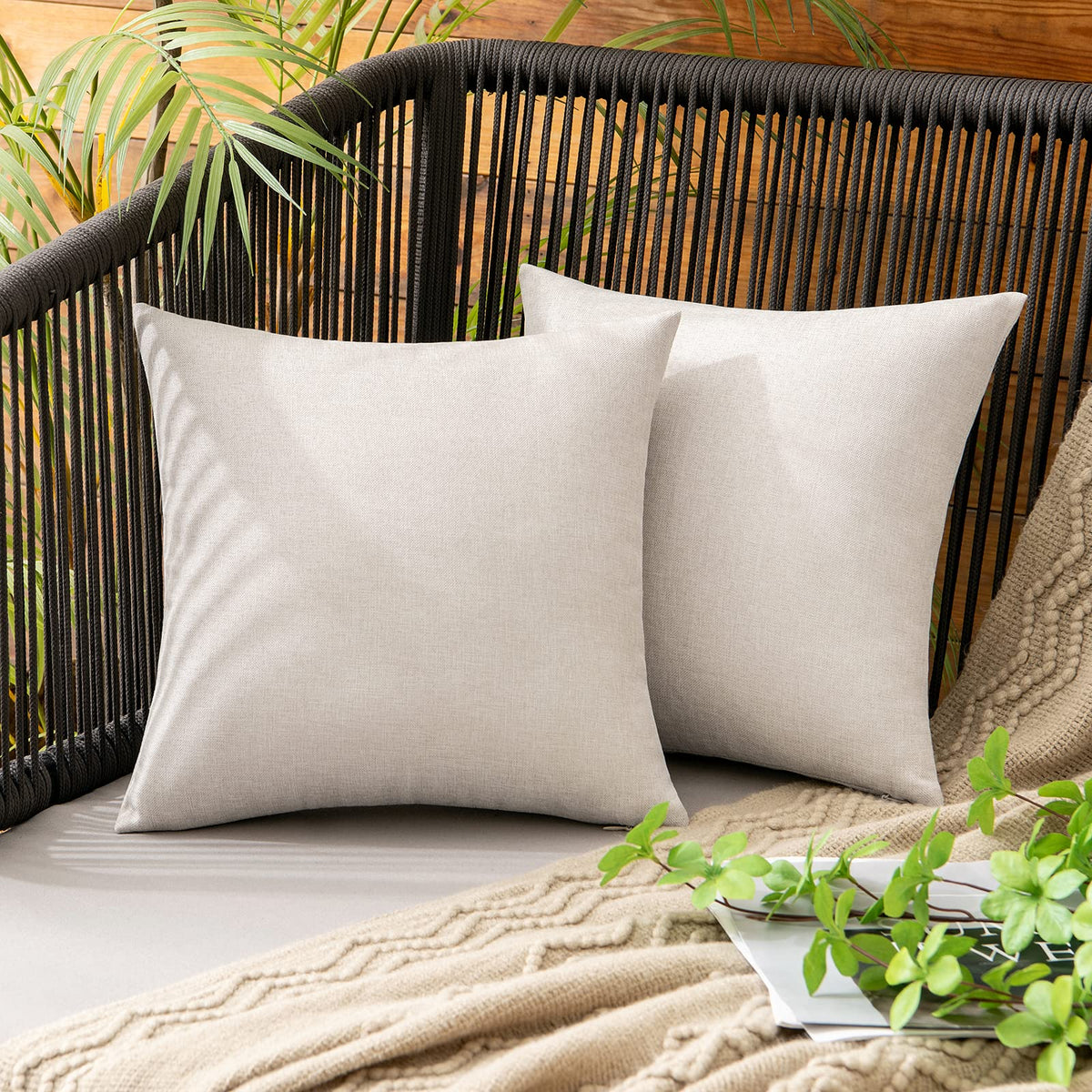 Miulee Pack Of 2 Outdoor Waterproof Linen Throw Pillow Covers Decorative Solid Polyester Garden Farmhouse Cushion Cases For Pati