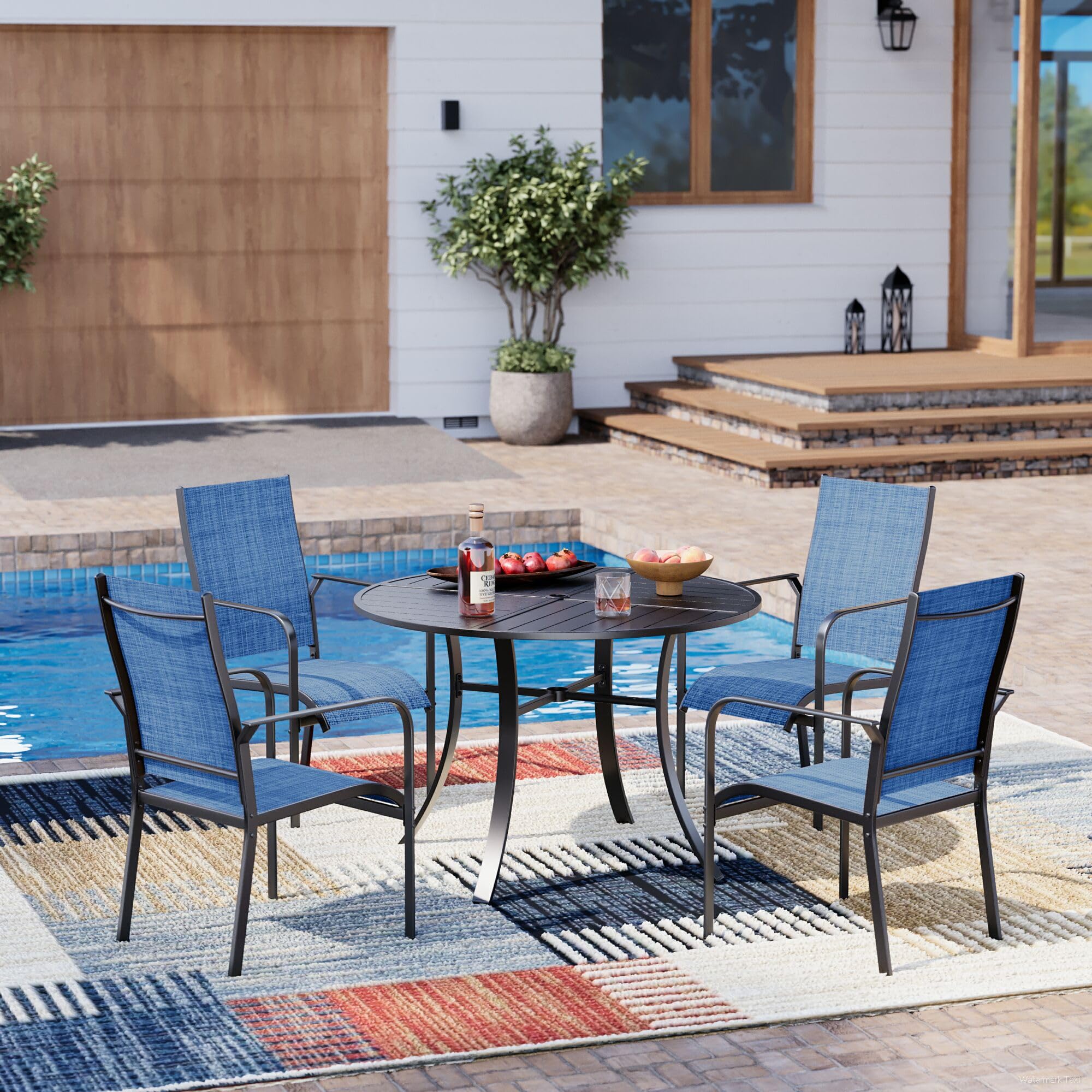 5-Piece Outdoor Patio Dining Set - 4 Stackable Texlin Sling Chairs & Rustproof Steel Round Table, Weatherproof Low-Maintenance F