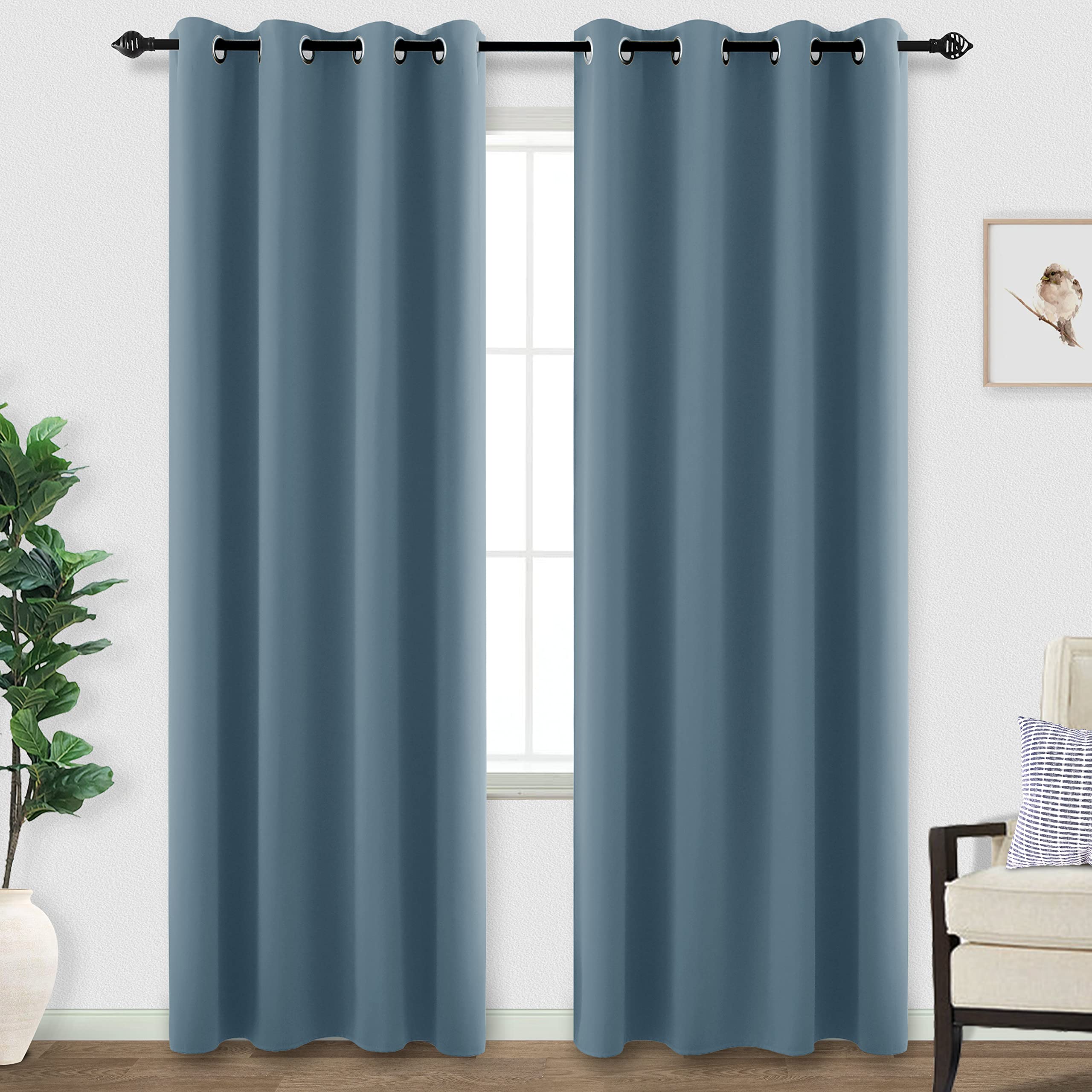 Koufall Blue Blackout Curtains 96 Inches Long For Living Room,Grommet Thermal Room Darkening Curtain For Bedroom 96 In Length 2 Panel Set,Dusty Grey Blue