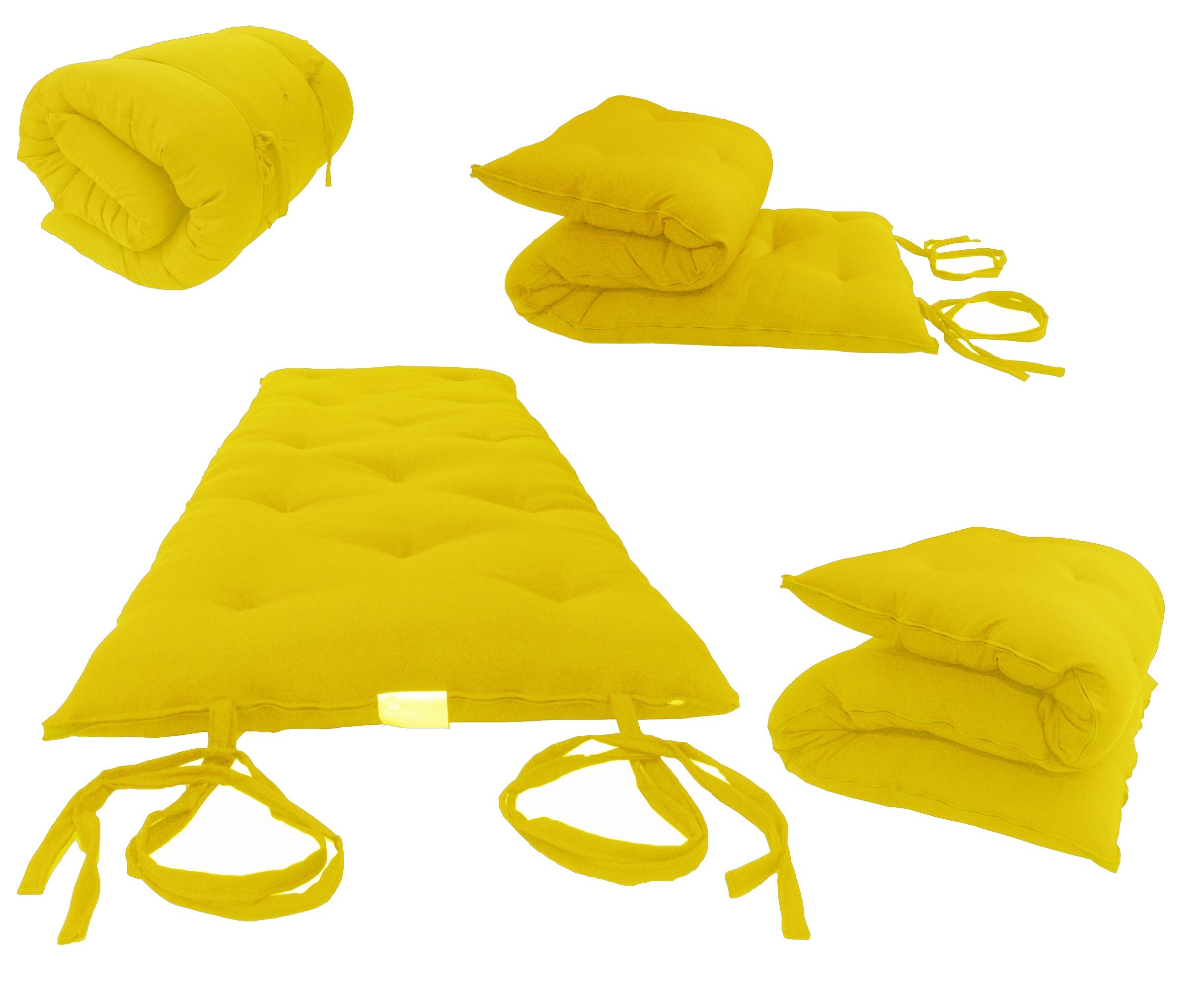 Full Size Yellow Traditional Japanese Floor Rolling Futon Mattresses, Mats, Cotton Battings/Foam/Polyester Batting, 80 X 54 X 3