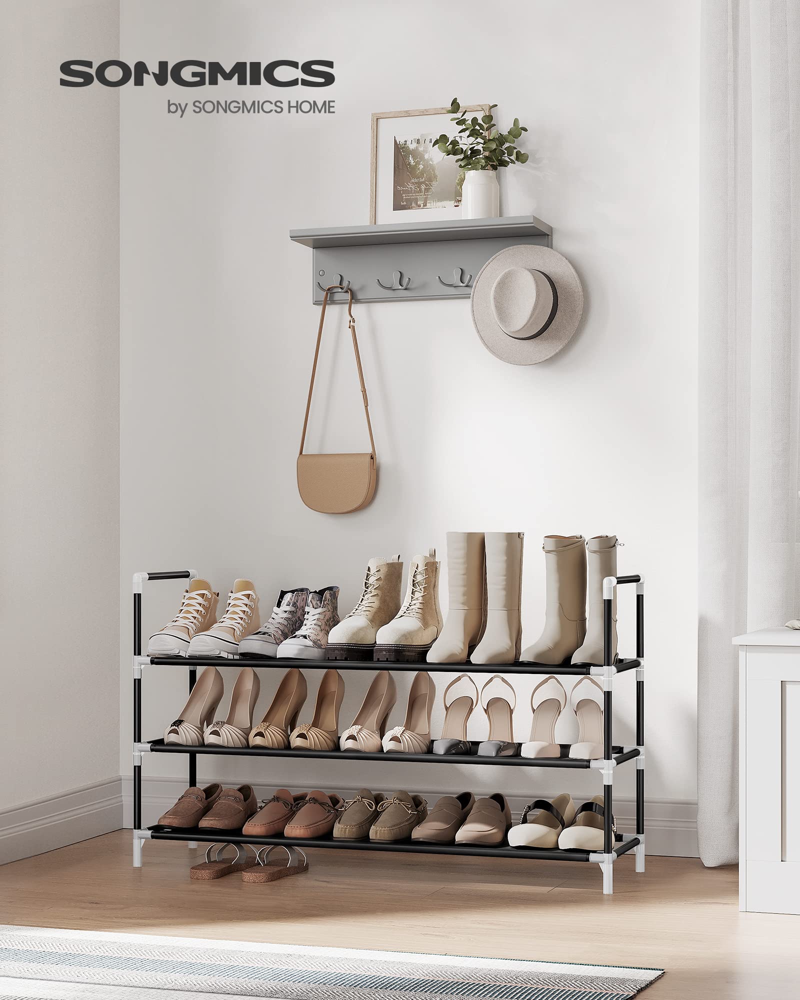 Songmics 3-Tier Shoe Rack, Shoe Storage For Hallway Closet, Slim And Space-Saving, Metal Frame, Non-Woven Fabric Shelves, Black Ulsh053B01