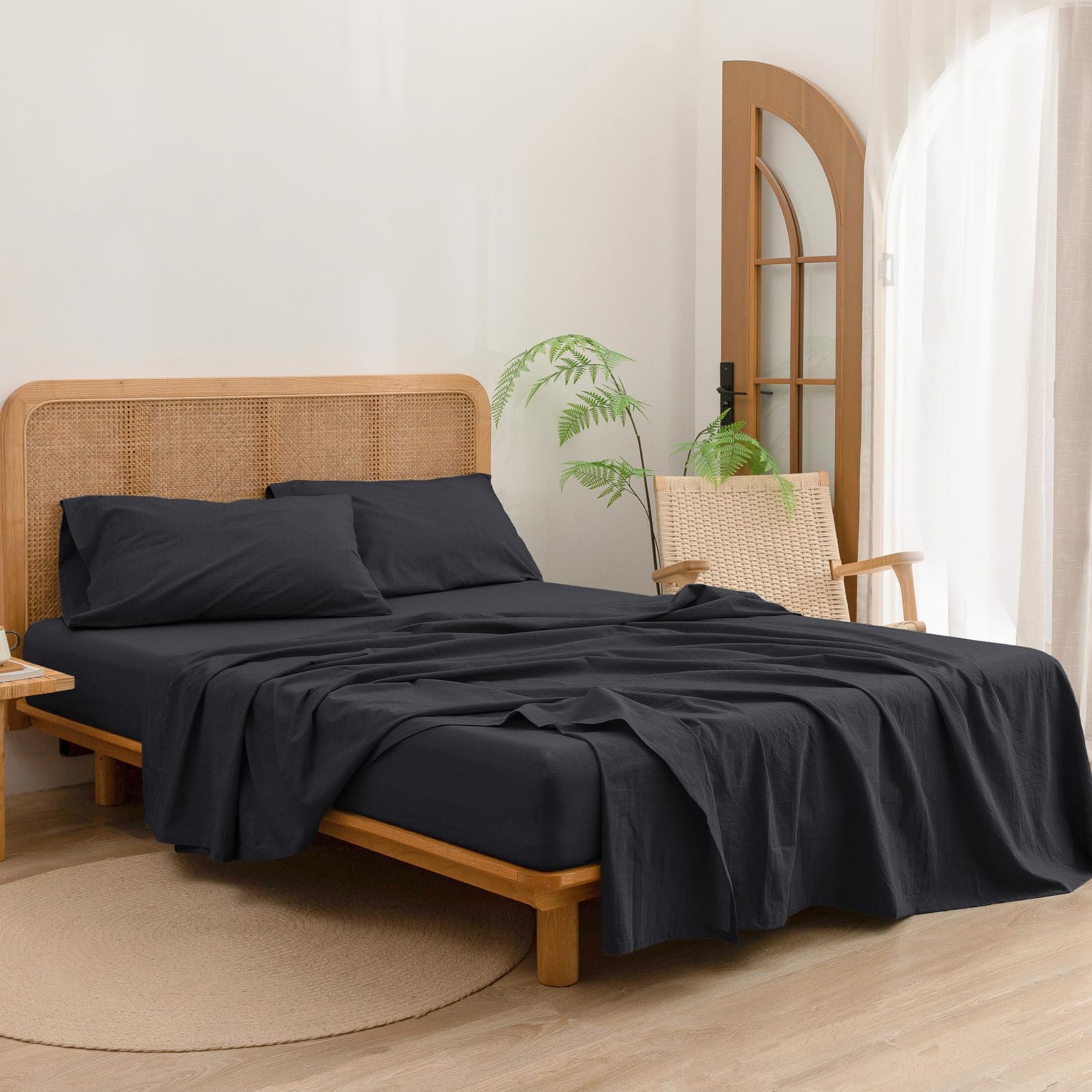 Bestouch Sheet Set 100% Washed Cotton Linen Feel Super Soft Comfortable Chic Lightweight 4 Pcs Home Bedding Set Solid Deep Black