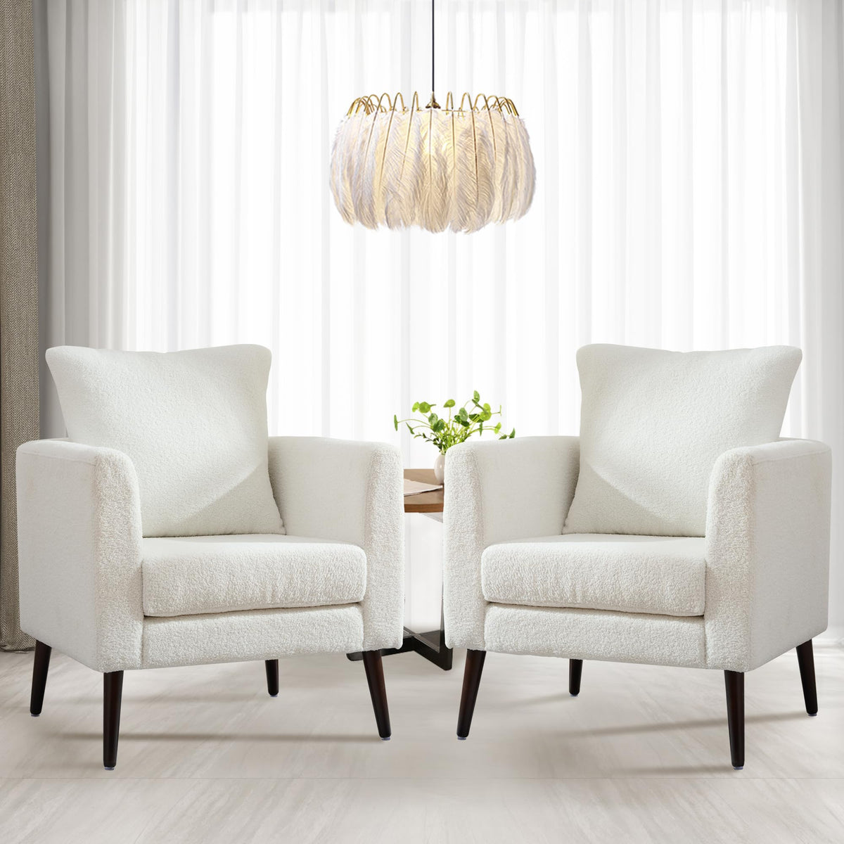 Qkff Barrel Accent Chair Set Of 2 With Back Pillow, Large Teddy Upholstered Armchair With Solid Wood Legs Modern Reading Chairs