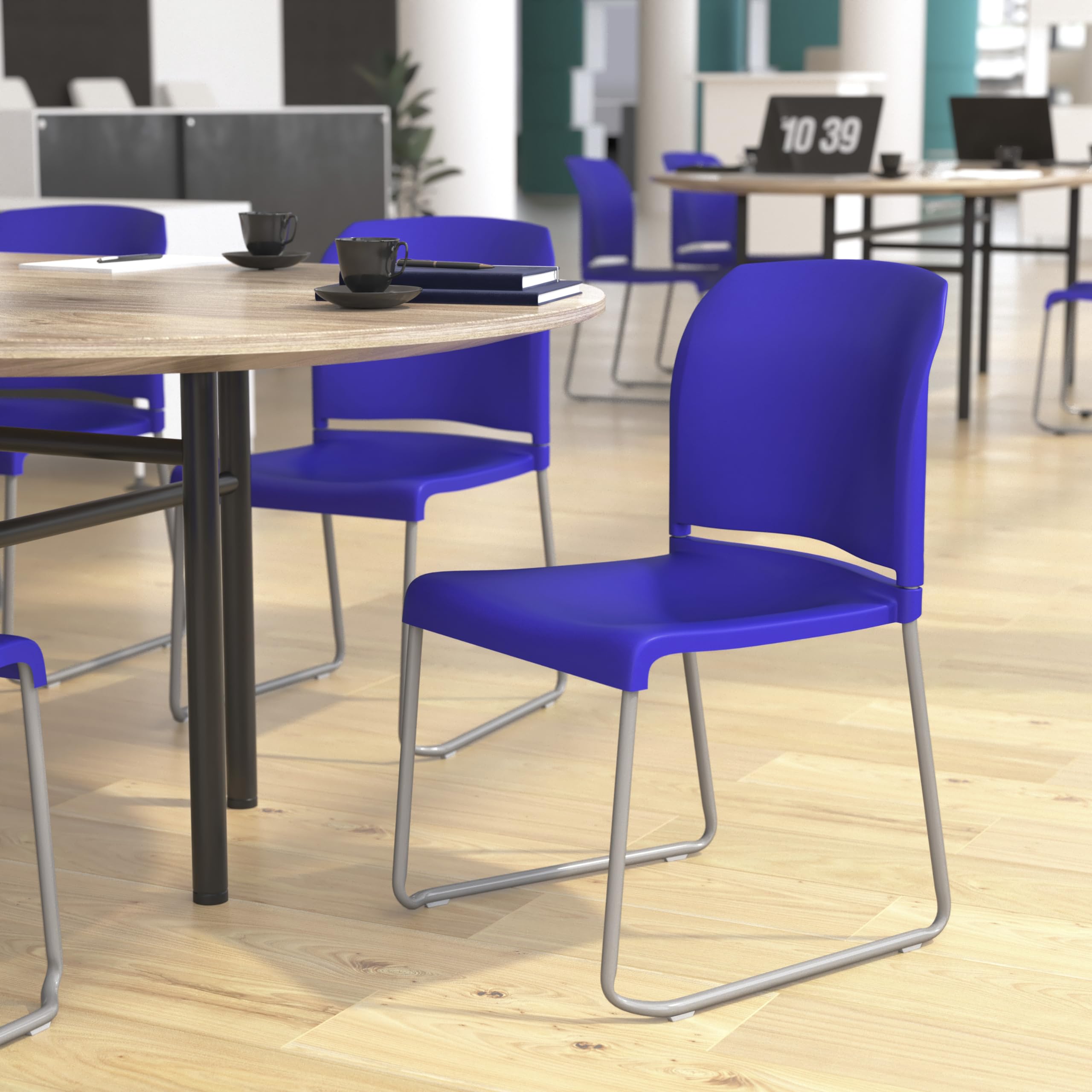 Flash Furniture Hercules Series 880 Lb. Capacity Blue Full Back Contoured Stack Chair With Gray Powder Coated Sled Base