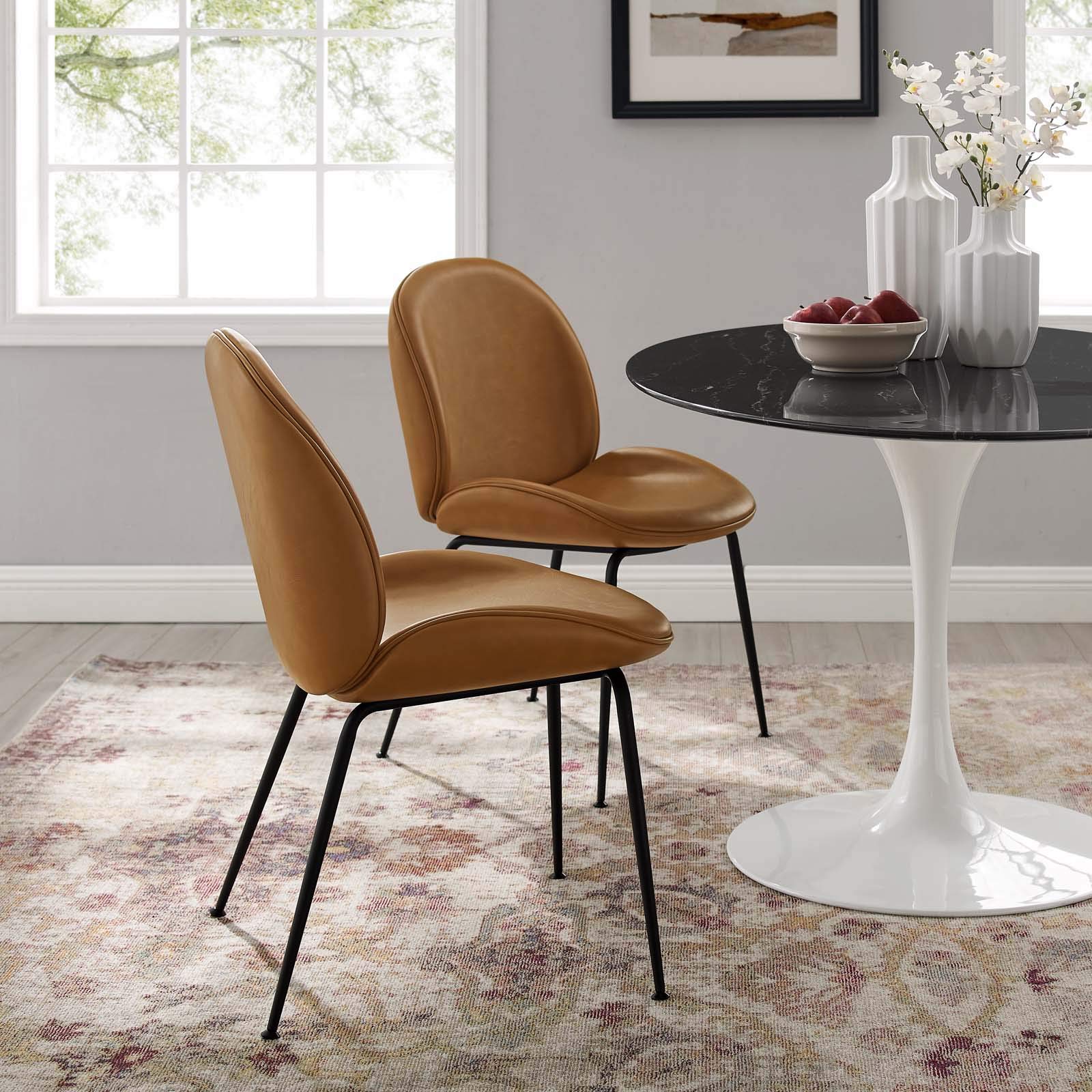Modway EEI-4636-TAN Scoop Black Powder Coated Steel Leg Vegan Leather Dining Chairs - Set of 2, Tan