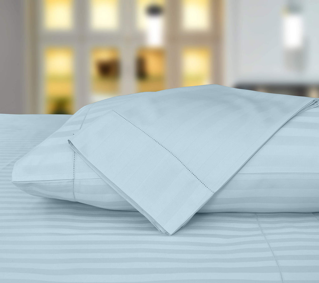 Threadmill 500 Thread Count Full Size Damask Stripe, 4 Pc Luxury Cotton Sheet Set, Breathable Light Blue Sheets With 16'' Elasti