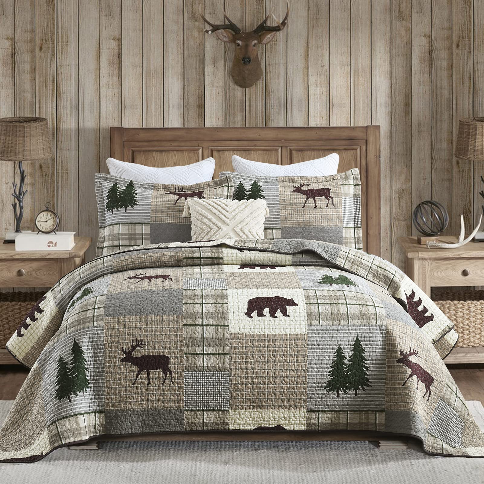 Perhom Quilt King Size - 100% Cotton Lightweight Cabin Plaid King Quilt Bedding Set, Forest Tree Brown Bear Deer Patchwork Rever