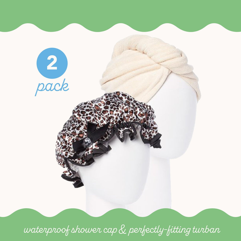 Turbie Twist Deluxe Wet Dry Set - Microfiber Hair Towel Wrap & Stylin' Shower Cap - Travel & Bathroom Essentials - Quick Dry Hai