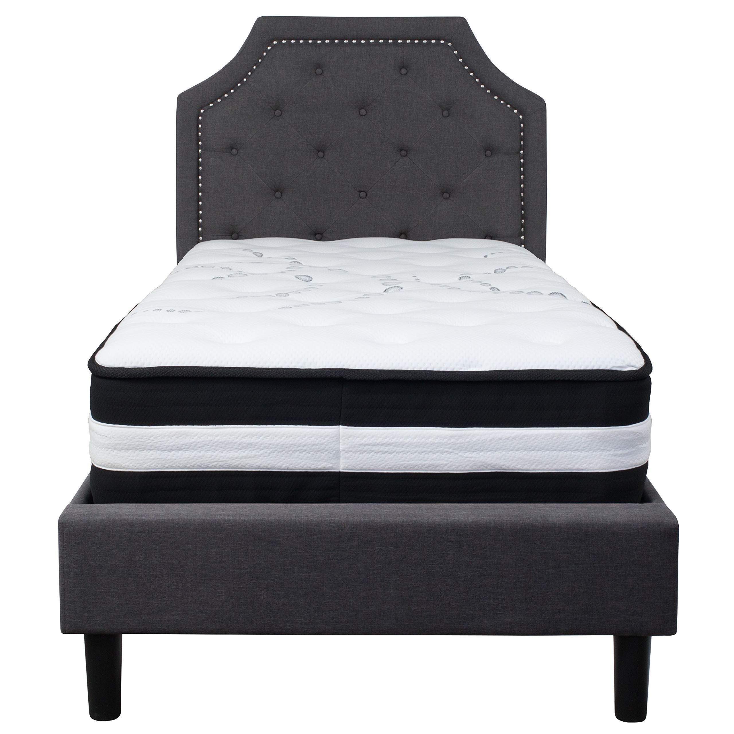 Flash Furniture Brighton Twin Size Tufted Upholstered Platform Bed In Dark Gray Fabric With Pocket Spring Mattress