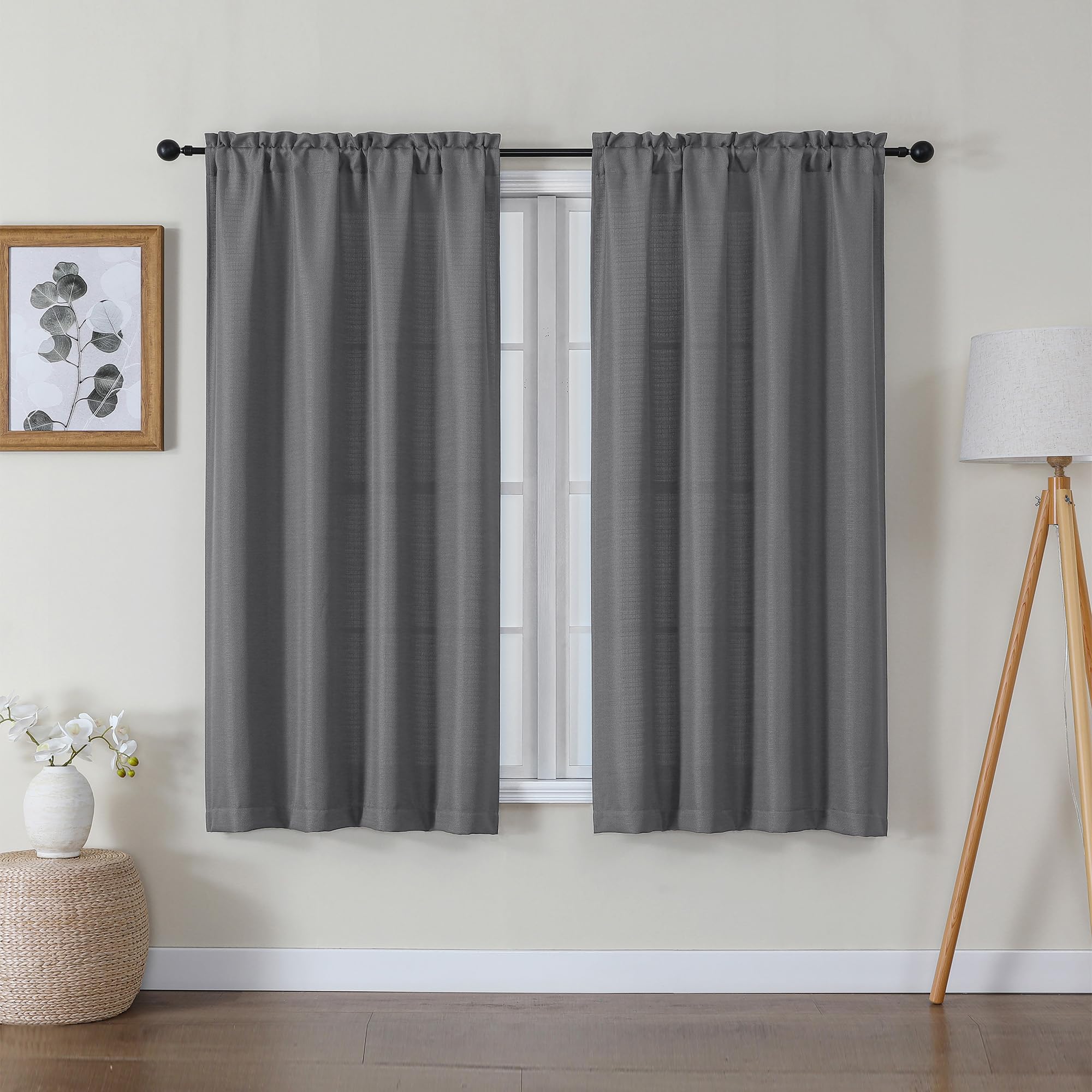 Lecloud Bessie Dark Grey Curtains 54 Inch Length 2 Panels Set, Light Filtering Faux Linen Textured Window Curtains, Rod Pocket C