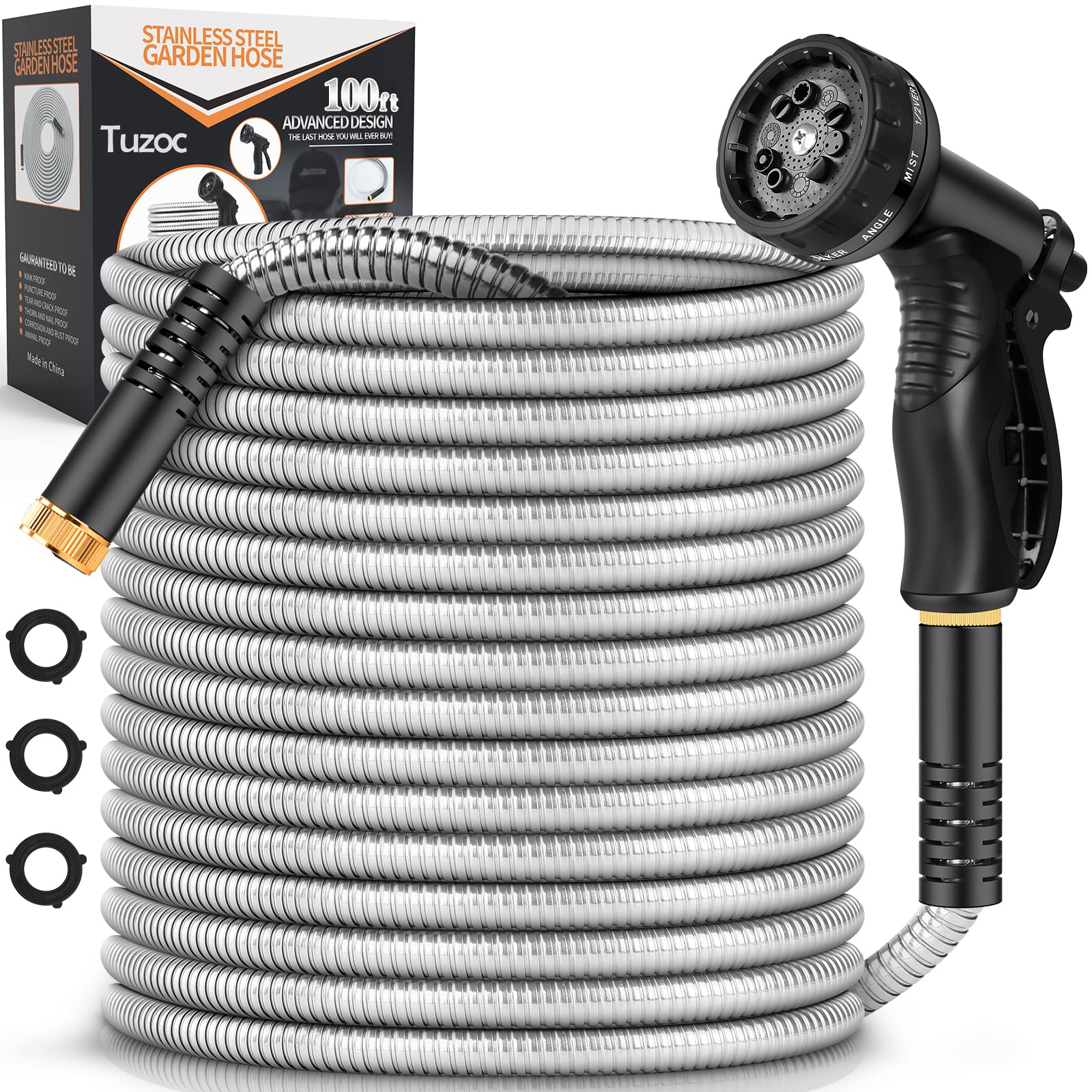 Metal Garden Hose 100Ft, Stainless Steel Heavy Duty Water Hose With 10 Function Nozzle, No-Kink, Tough & Flexible, Sturdy And Li