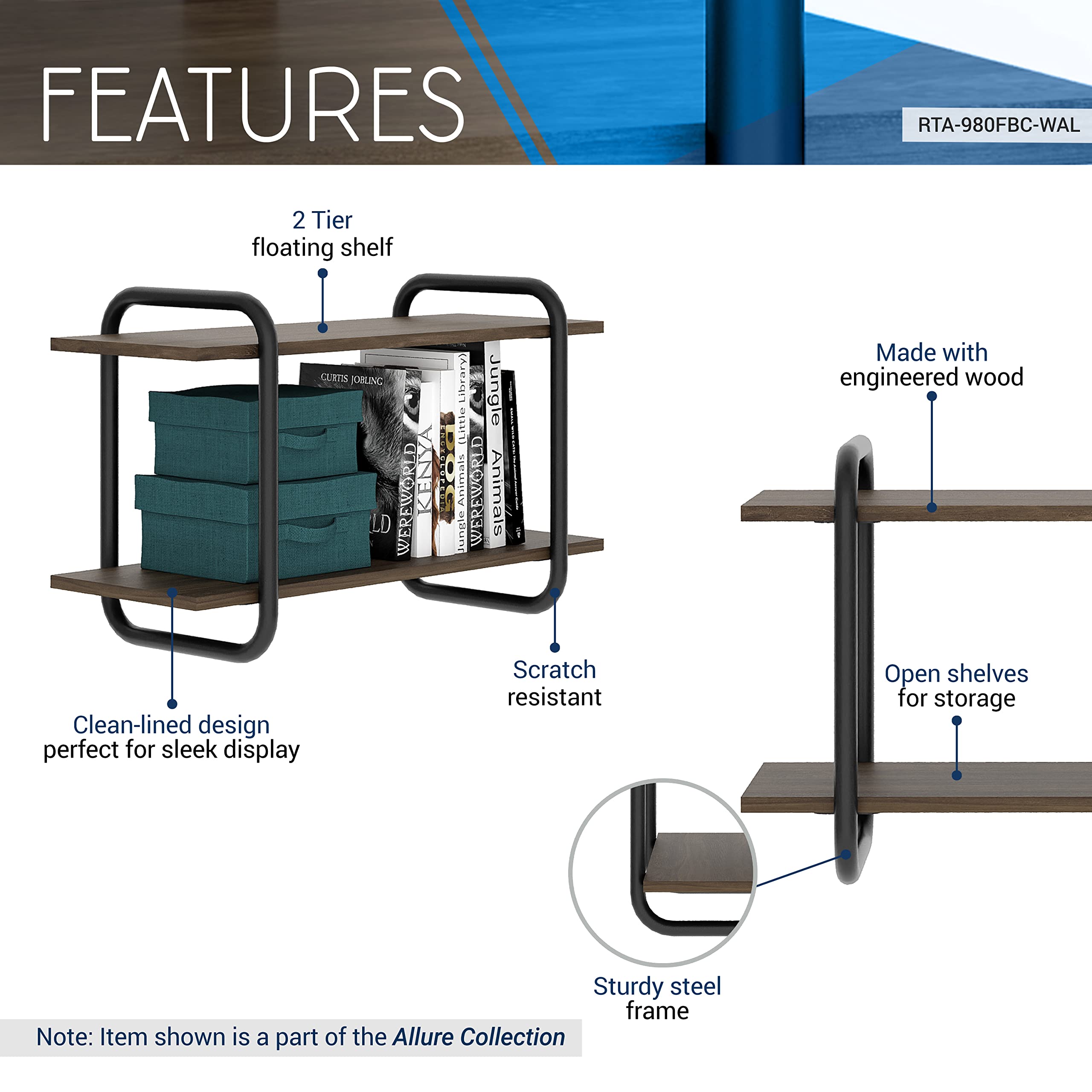 Techni Mobili Floating Shelves For Wall, 2-Tier Wall Mount Shelf Or Floating Bookshelf, Walnut