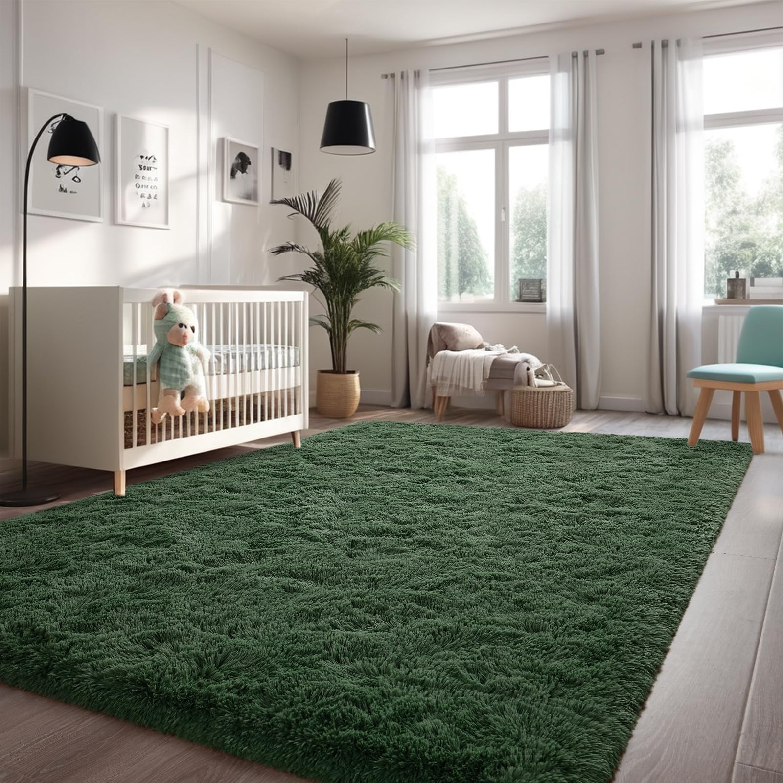 Larhom Large Fluffy Area Rugs For Living Room Bedroom, 6X9 Dark Green Ultra Soft Plush Fuzzy Rug, Anti-Skid Indoor Carpet Nurser