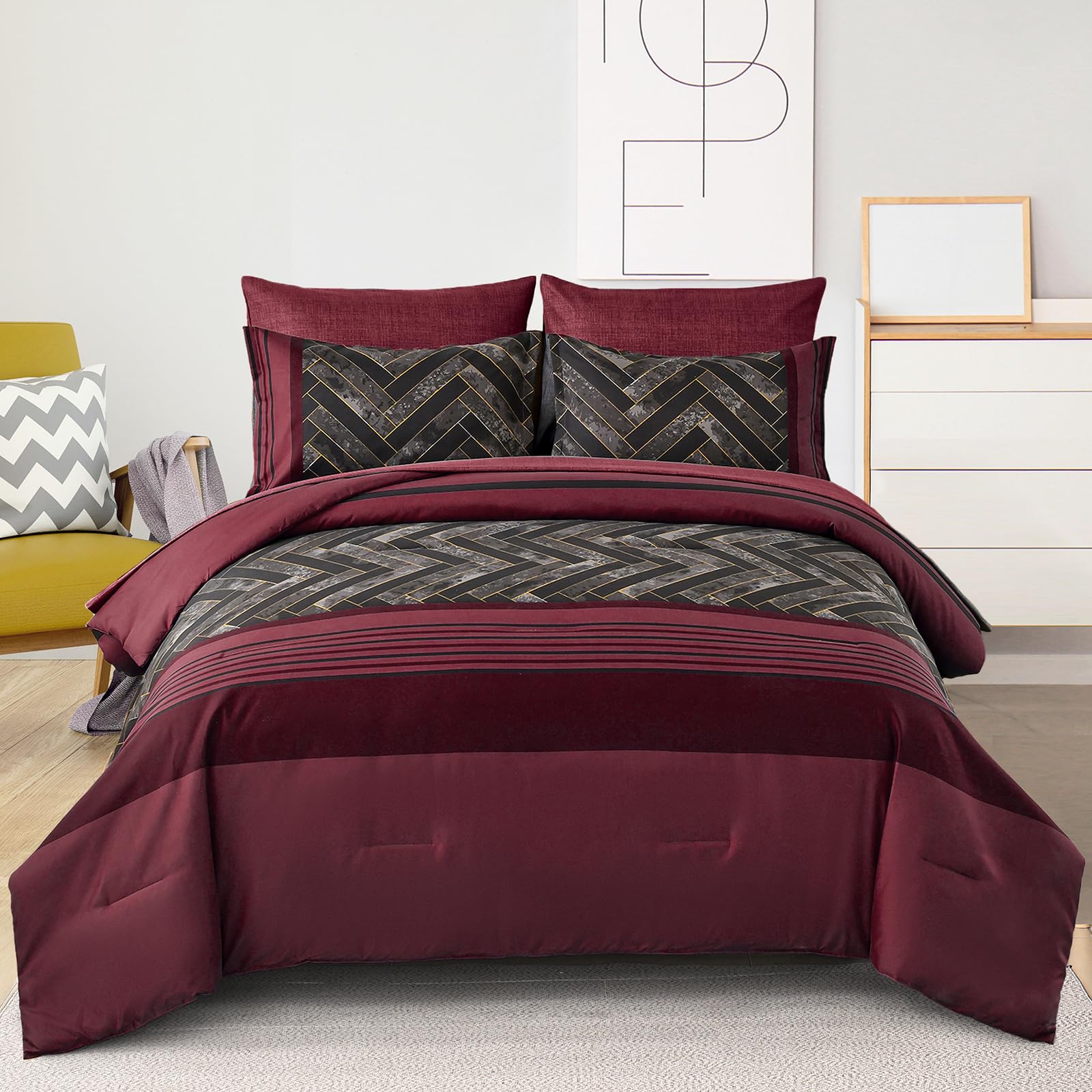 Luxudecor Burgundy Comforter Set King Size 7 Pieces Red And Black Stripe Bed In A Bag Geometric Comforter And Sheet Set, Soft Mi