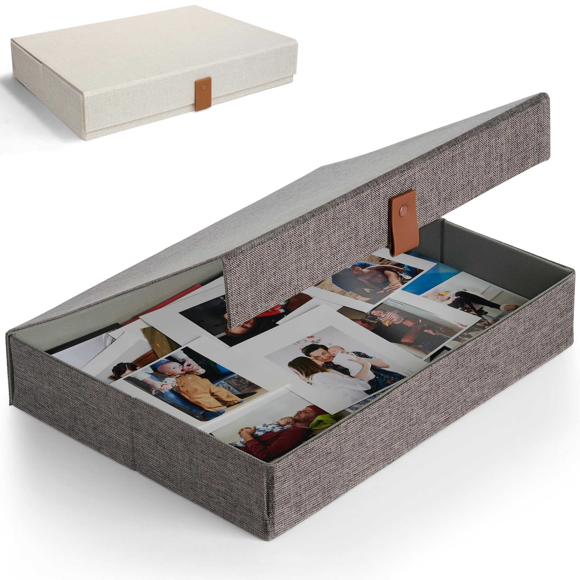ZICOTO Decorative Photo Storage Box with Lid - A Beautiful Linen Organizer Perfect to Safely Store Your Pictures, Documents, Scr