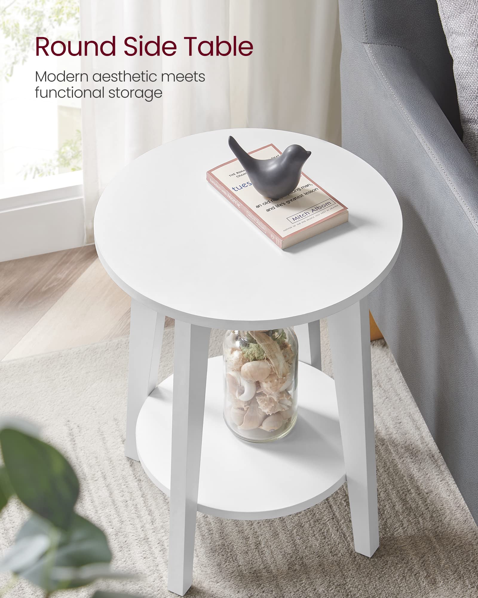 Vasagle Side Table, Small Round End Table With Lower Shelf, Nightstand For Small Spaces, Living Room, Bedroom, White Ulet283T14