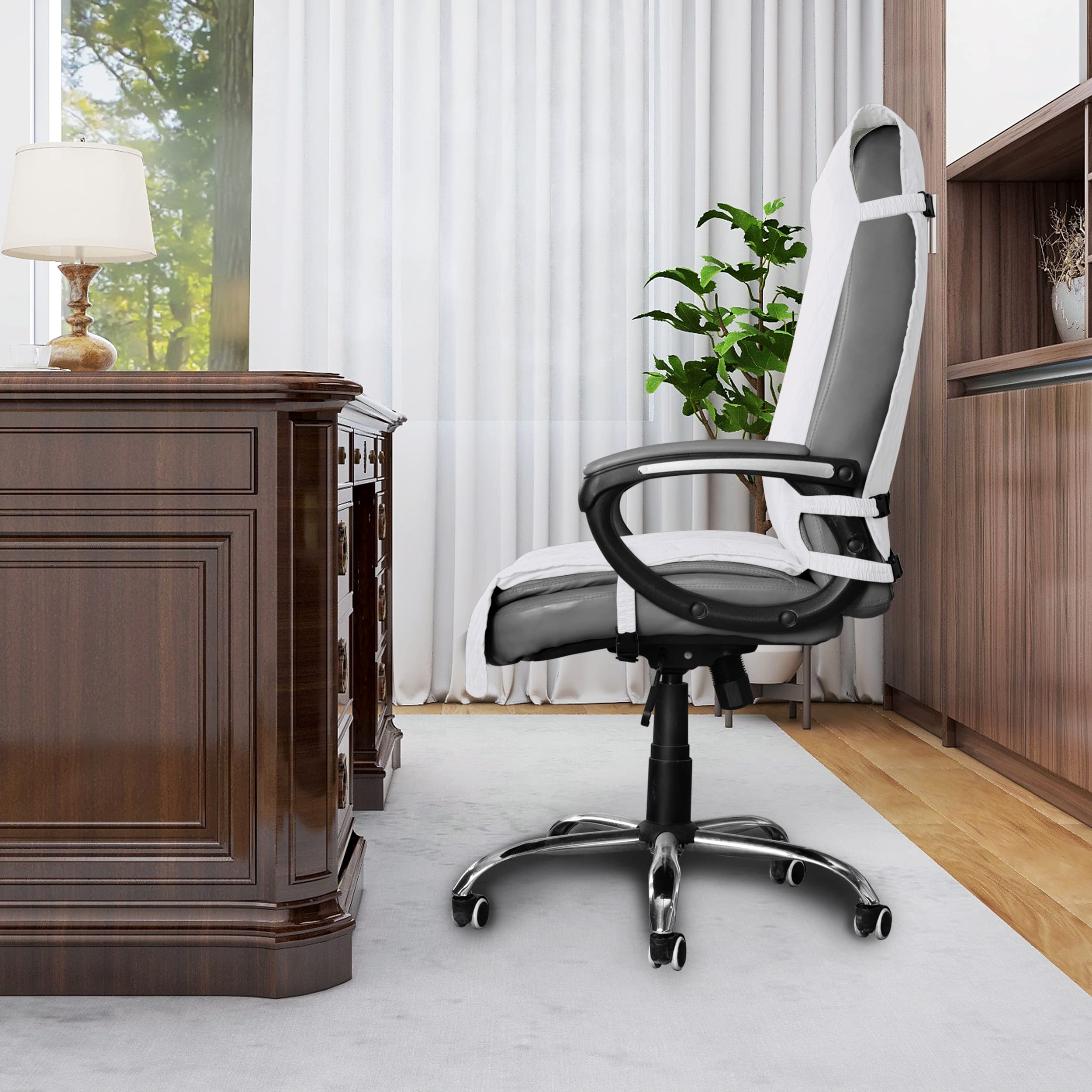 Easy-Going Quilted Microfiber Office Chair Cover With Soft Memory Foam Seat Cushion Water Resistant Desk Computer Chair Slipcover Anti-Slip Chair Protector (Large, White)