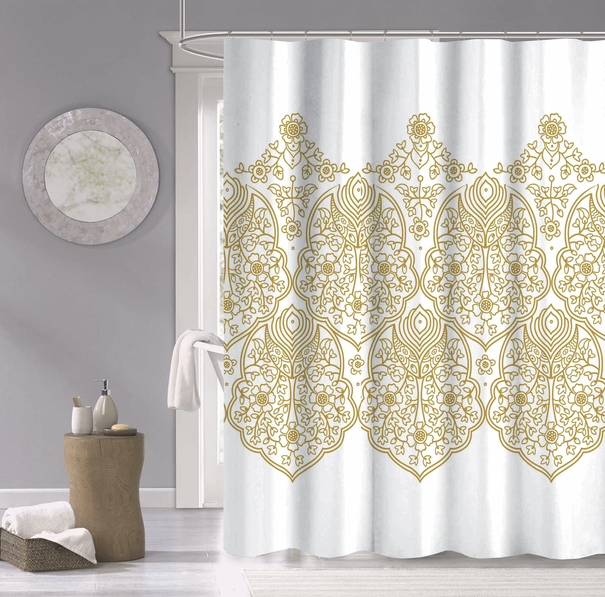 Dainty Home Palace Printed 3D Metallic Medallion Designed 100% Cotton Textured Fabric 70X72 Shower Curtain In Gold (Palscgo)