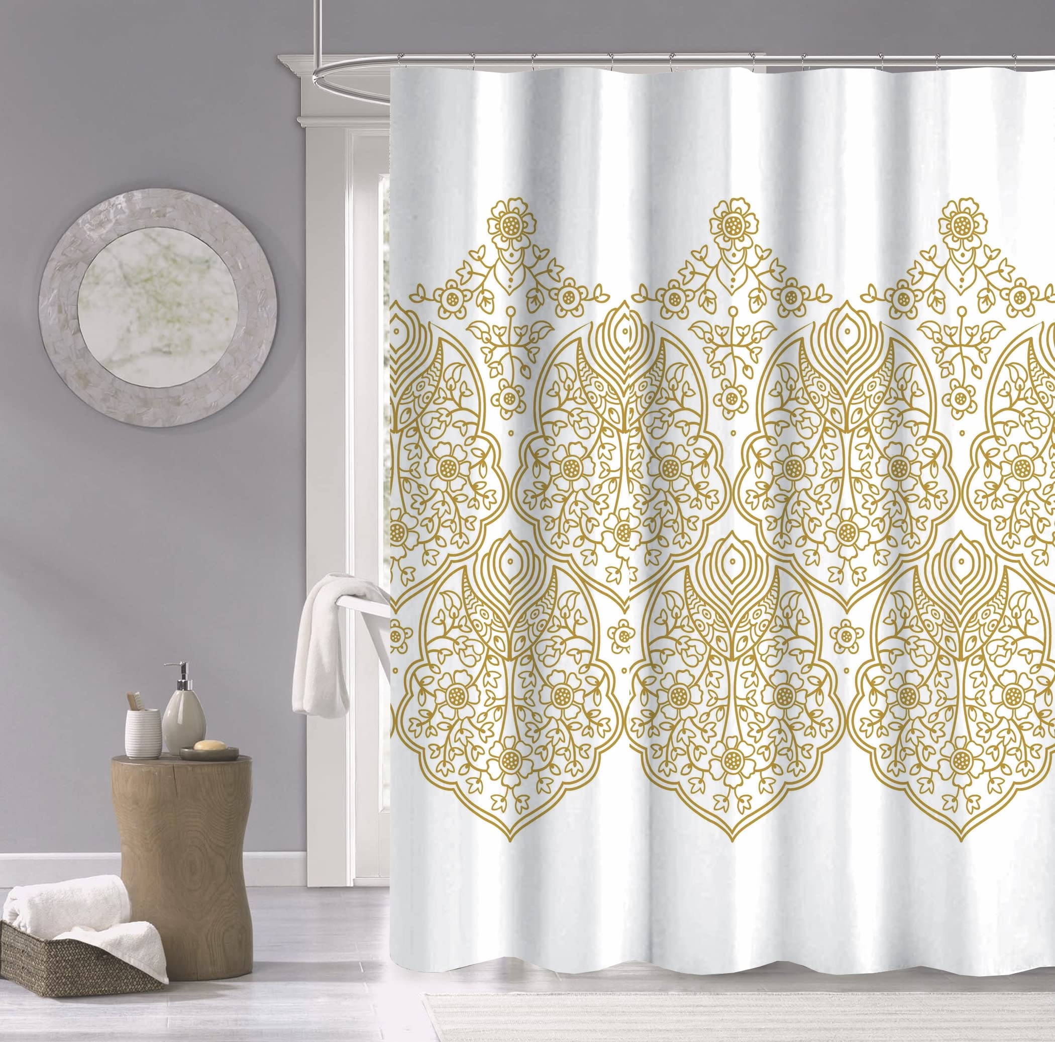 Dainty Home Palace Printed 3D Metallic Medallion Designed 100% Cotton Textured Fabric 70X72 Shower Curtain In Gold (Palscgo)