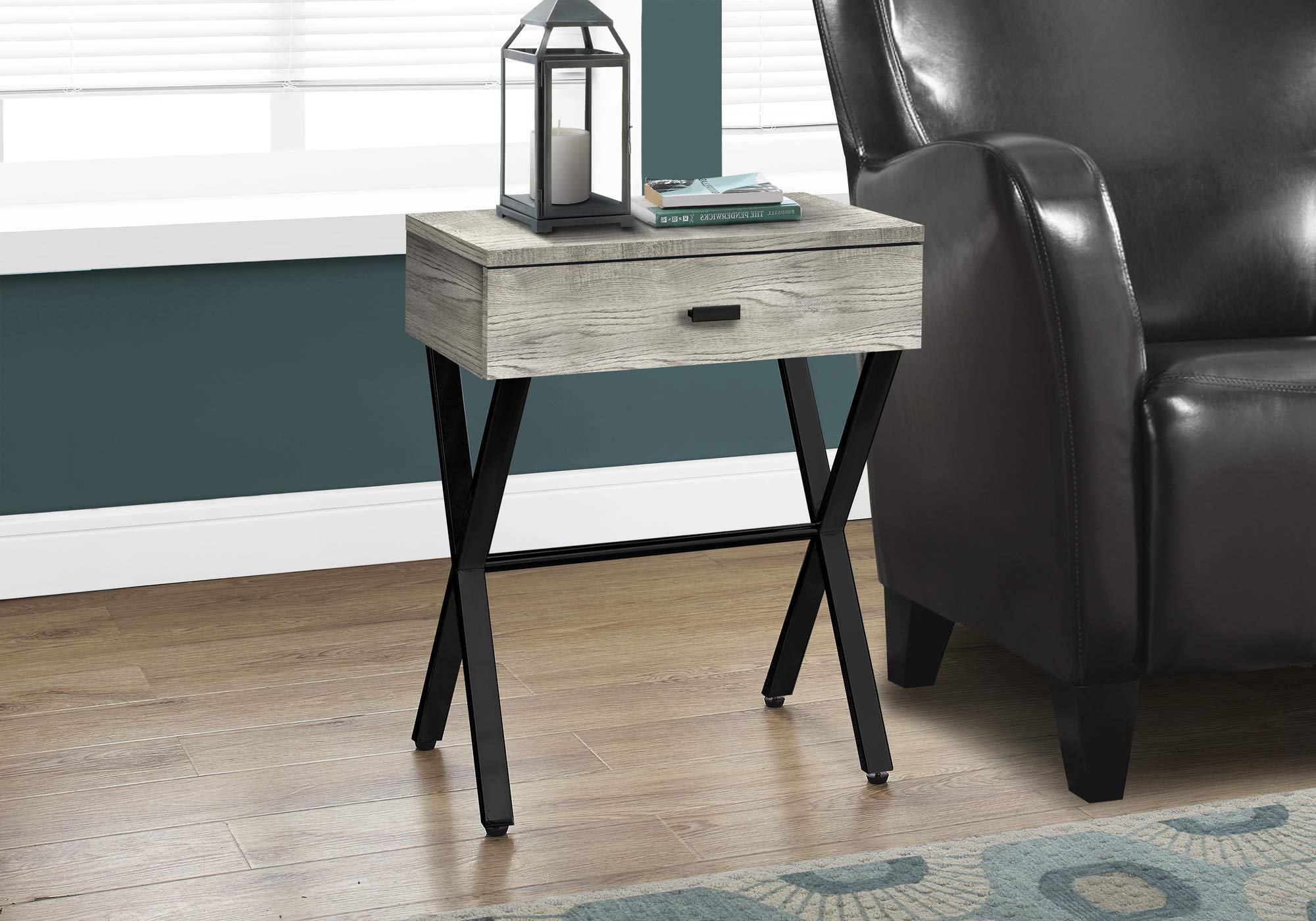 Monarch Specialties TABLE-24 H/GREY RECLAIMED WOOD/BLACK METAL ACCENT, END TABLE, NIGHT STAND, Gray