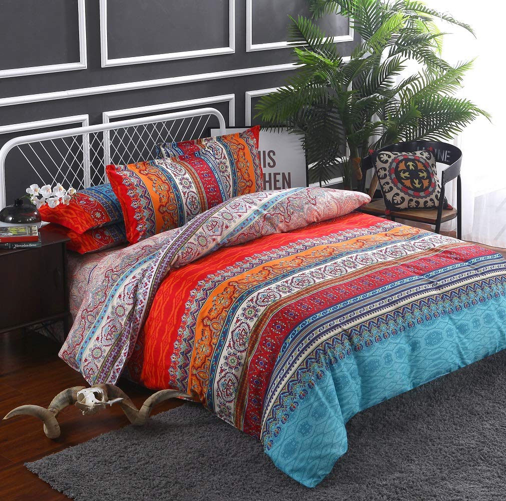 King Boho Duvet Cover, Microfiber 3 Pieces Boho Bedding King, 1 Duvet Cover +2 Pillowcases, Bohemian Orange Colorful Retro Print