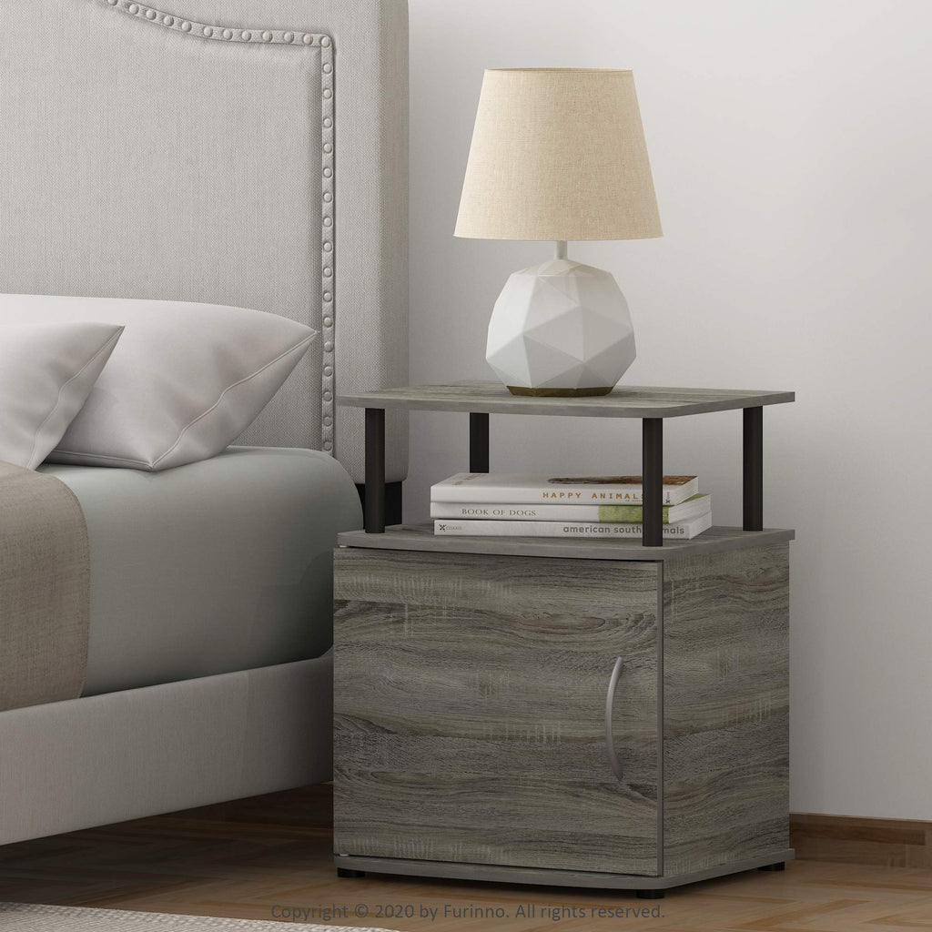 Furinno Jaya End Side Sofa Table/Nightstand With Door, 2-Pack, Pvc Tubes, French Oak Grey/Black