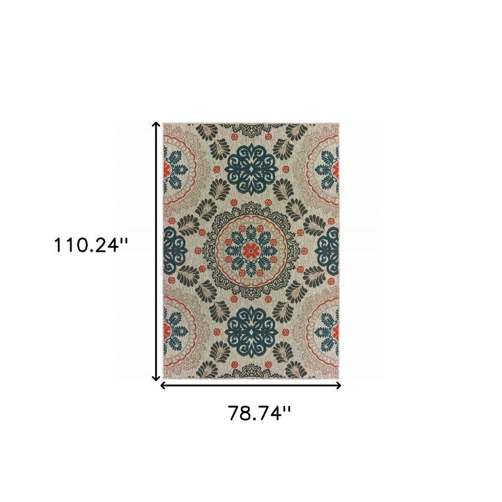 HomeRoots 7' x 9' Blue and Gray Damask Indoor Outdoor Area Rug