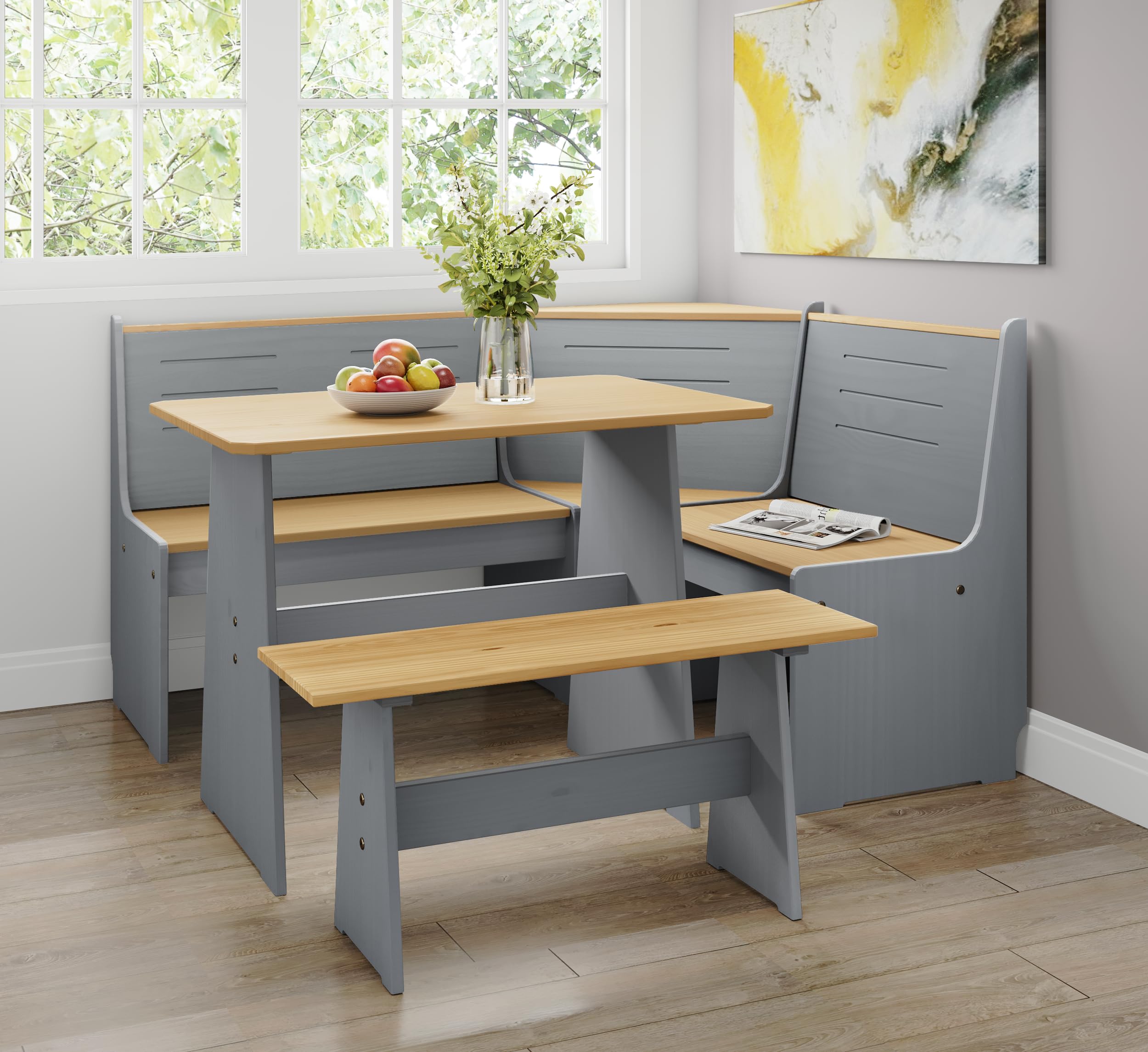 Koby Home Breakfast Nook Kitchen Corner Dining Table Bench Chair Set, Space-Saving 3-4 Seat L-Shape For Family Home Grey Wood