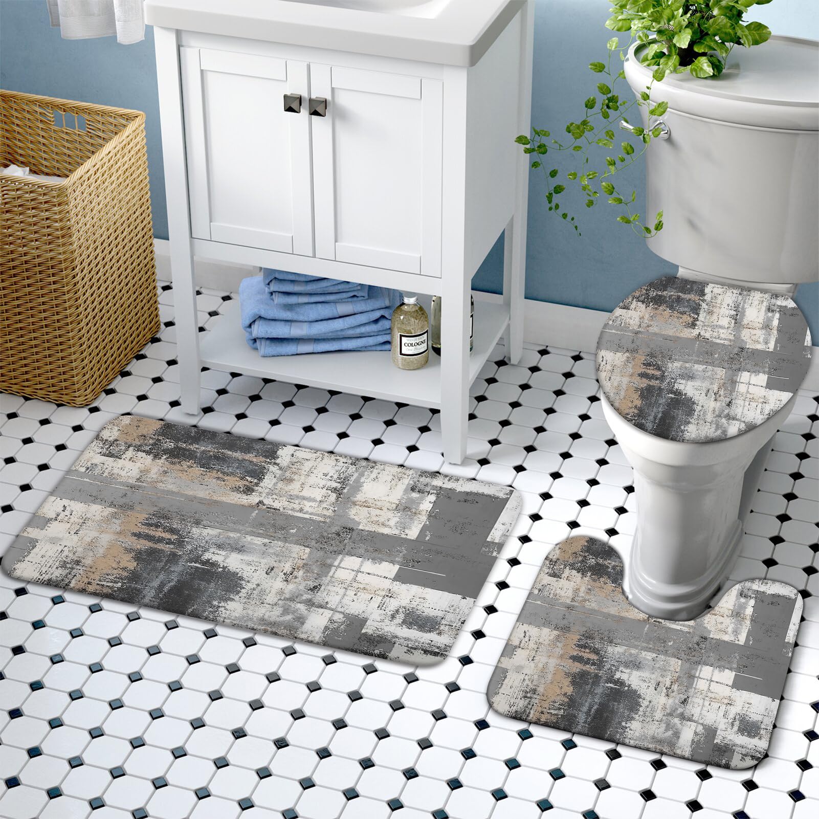 Lnond 4Pcs Bathroom Shower Curtain Sets With Rugs,Black And Grey Painting Art Bathroom Sets With Shower Curtain And Rugs And Acc