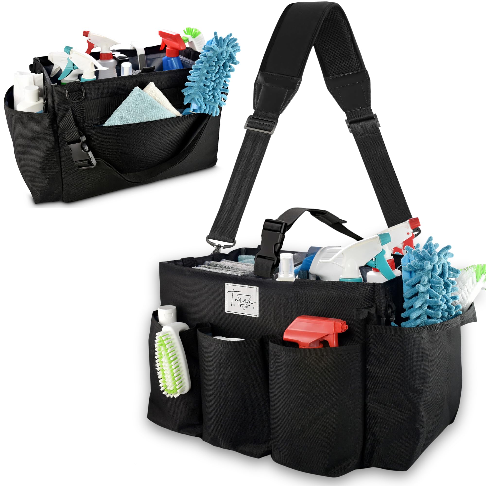 Extra Large Wearable Cleaning Caddy Bag with Handle, Detachable Dividers, Shoulder and Waist Straps, Cleaner Organizer Tote for 