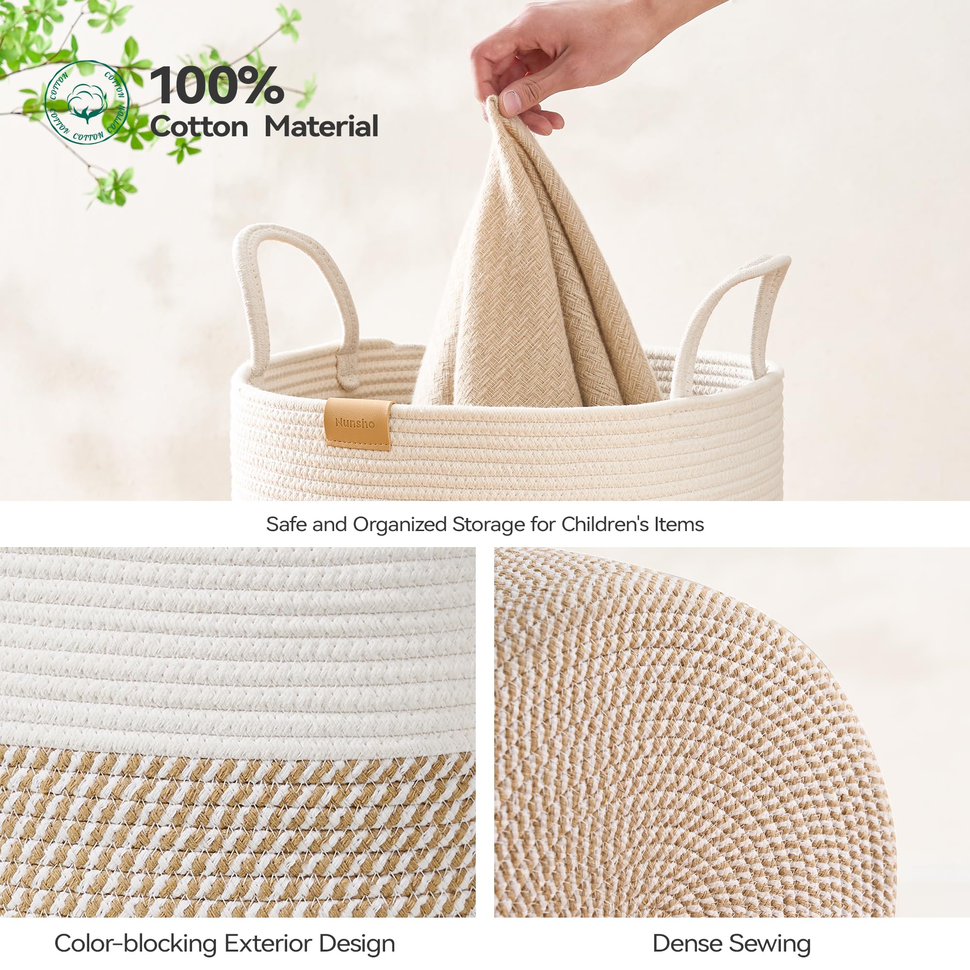 Nunsino 95L Laundry Hamper Basket,Baby Nursery Woven Storage Basket For Toys Bin,Pillows,Blankets,Clothes,Brown&White